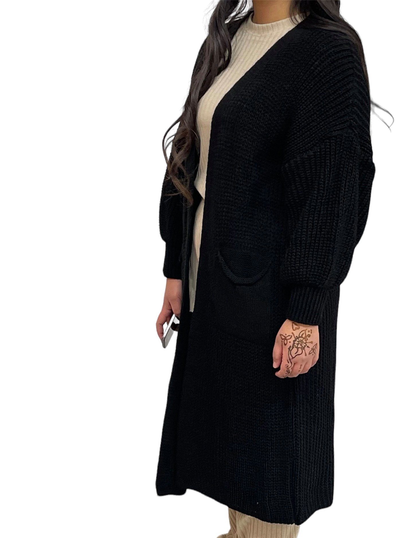 HELLO MISS Longstrickjacke Modisch Maxi Strickjacke mit aufgesetzten Taschen, Cardigan Lang Grober Strick, Bequeme Passform, Vielseitig kombinierbar