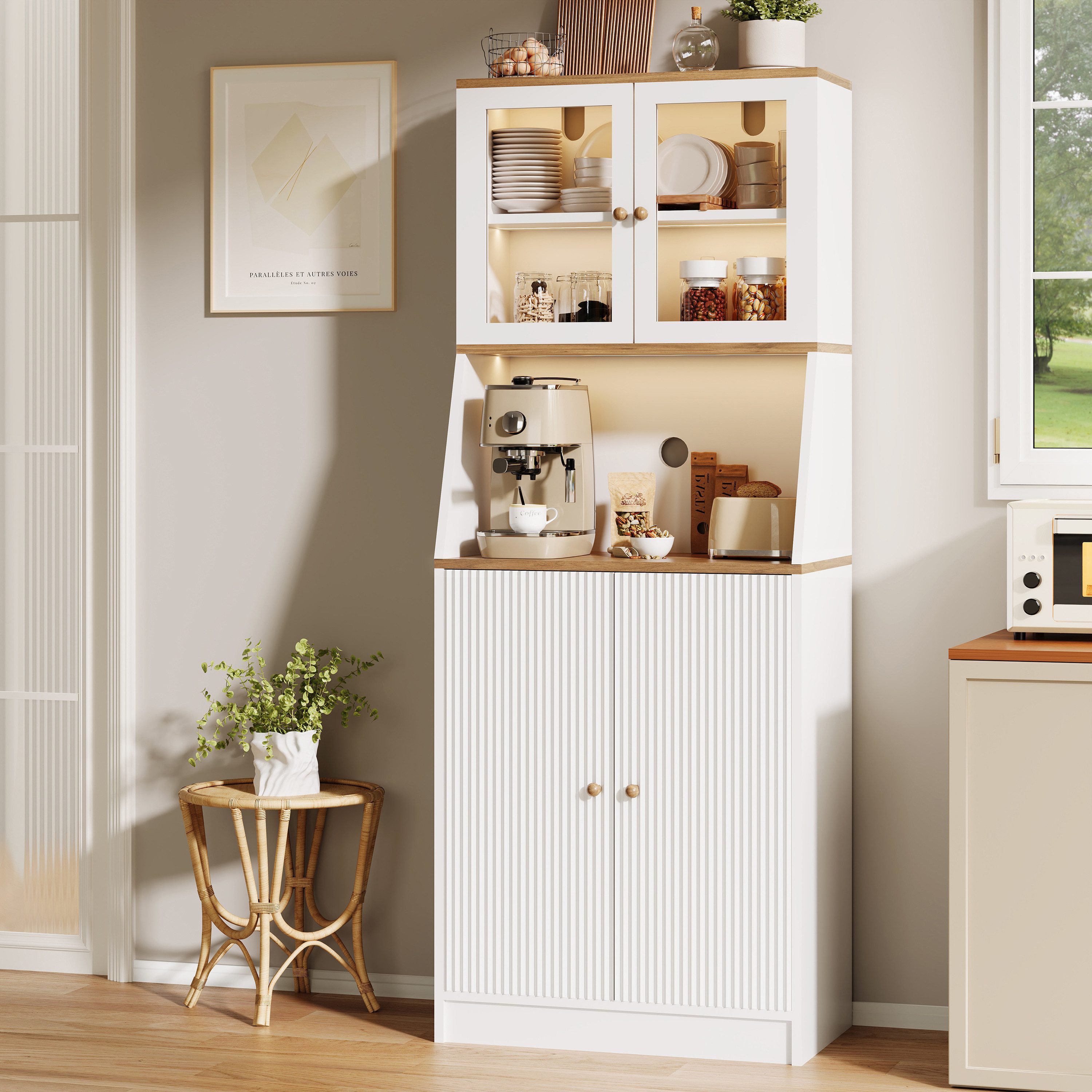 BELUPAI Küchenbuffet Hochschrank mit Glastüren and LED-Beleuchtung (Set, 1-St., Hoher Buffetschrank Weinschrank mit Verstellbaren Einlegeböden) Vorratsschrank für Küche, Wohnzimmer, Esszimmer, 180x70x40cm, Weiß