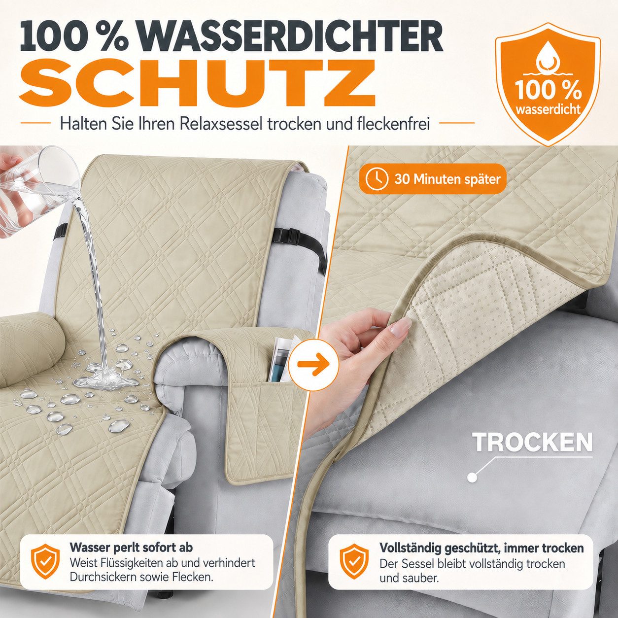 BlingBin Sesselschoner Sessel Überzug Rutschfest,Sesselbezug Fernsehsessel mit Taschen, 100% Wasserdicht, für Relaxsessel 1 Sitzer, Maschinenwaschbar – Bild 4 von 5