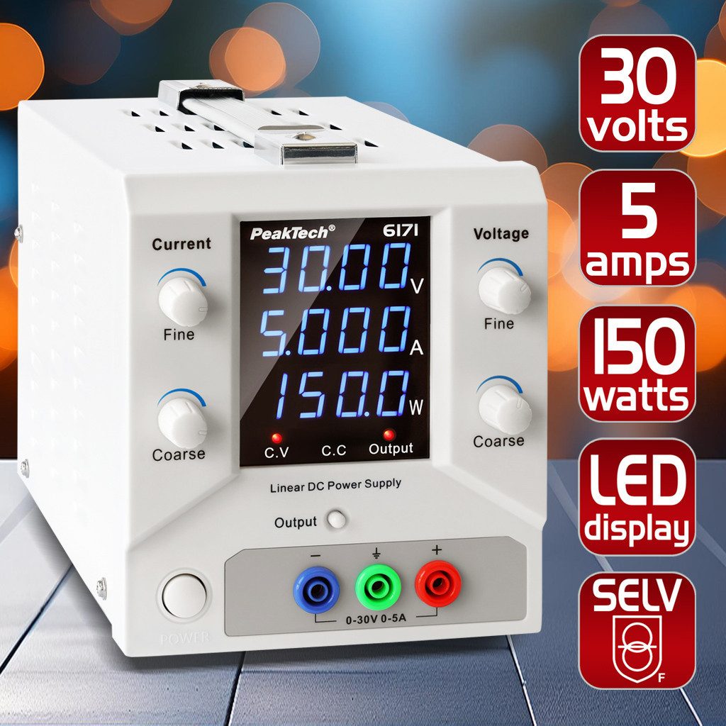 PeakTech 30 V 5 A DC Labornetzteil 0–30 V/0–5 A SELV, linear Labor-Netzteil
