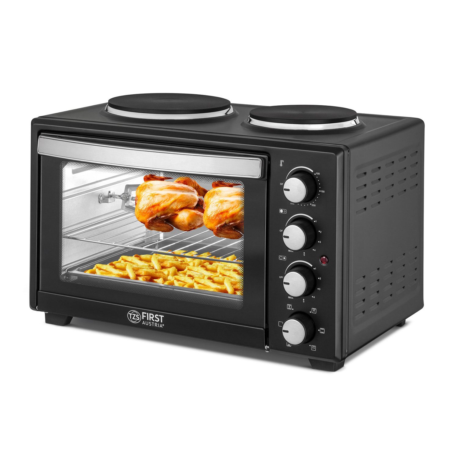 TZS FIRST AUSTRIA Minibackofen Pizzaofen mit Kochplatten, 30L, 3200W, Mini Backofen mit Umluft, max 230°C, Backblech, Drehspieß, Grillrost, Innenbeleuchtung