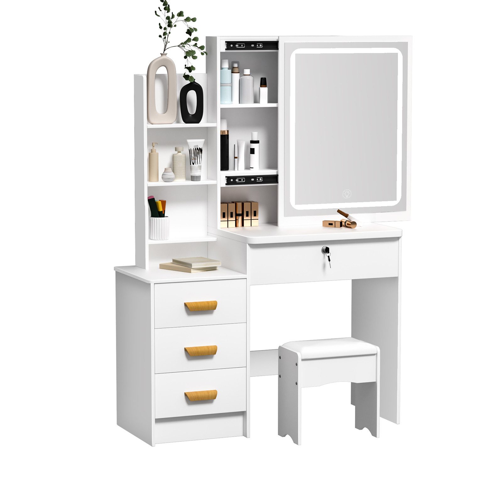 Rutaqian Schminktisch Schminktisch mit Hocker, LED-beleuchteter Spiegel, 86x36x130 cm (1 Tisch 1 Schminkstuhl, 1-St., Kleiner Frisiertisch mit 4 Schubladen und Offenen Regalen), Kosmetiktisch mit Spiegel, Beleuchtung, 4 Schubladen, Offenen Fächern