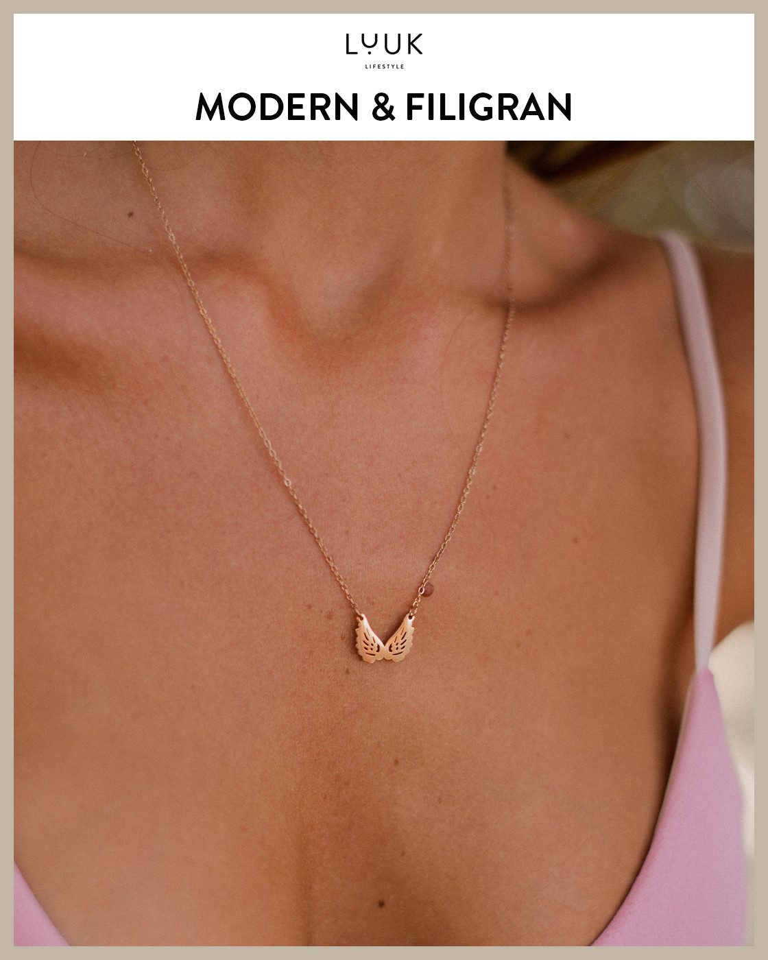 LUUK LIFESTYLE Kette mit Anhänger Engelsflügel, mit HAPPINESS Spruchkarte, persönliches Geschenk