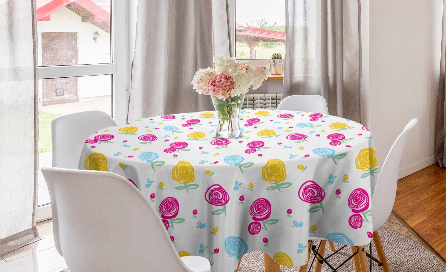 Abakuhaus Tischdecke Kreis Tischdecke Abdeckung für Esszimmer Küche Dekoration, Blume Abstrakte Rosen und Knospen Blatt