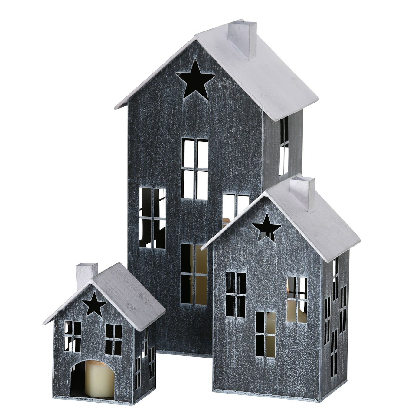 Spetebo Kerzenlaterne Metall Windlicht Haus mit Stern 3er Set - schwarz (Set, 3 St., 3-teilig), 36 / 23 / 14 cm - Deko Windlicht Lampion Kerzenhalter Außen