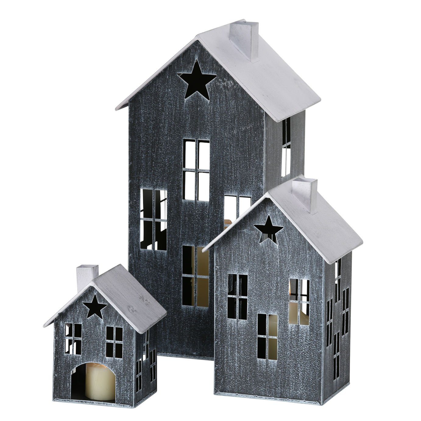 Kerzenlaterne Metall Windlicht Haus mit Stern 3er Set - schwarz