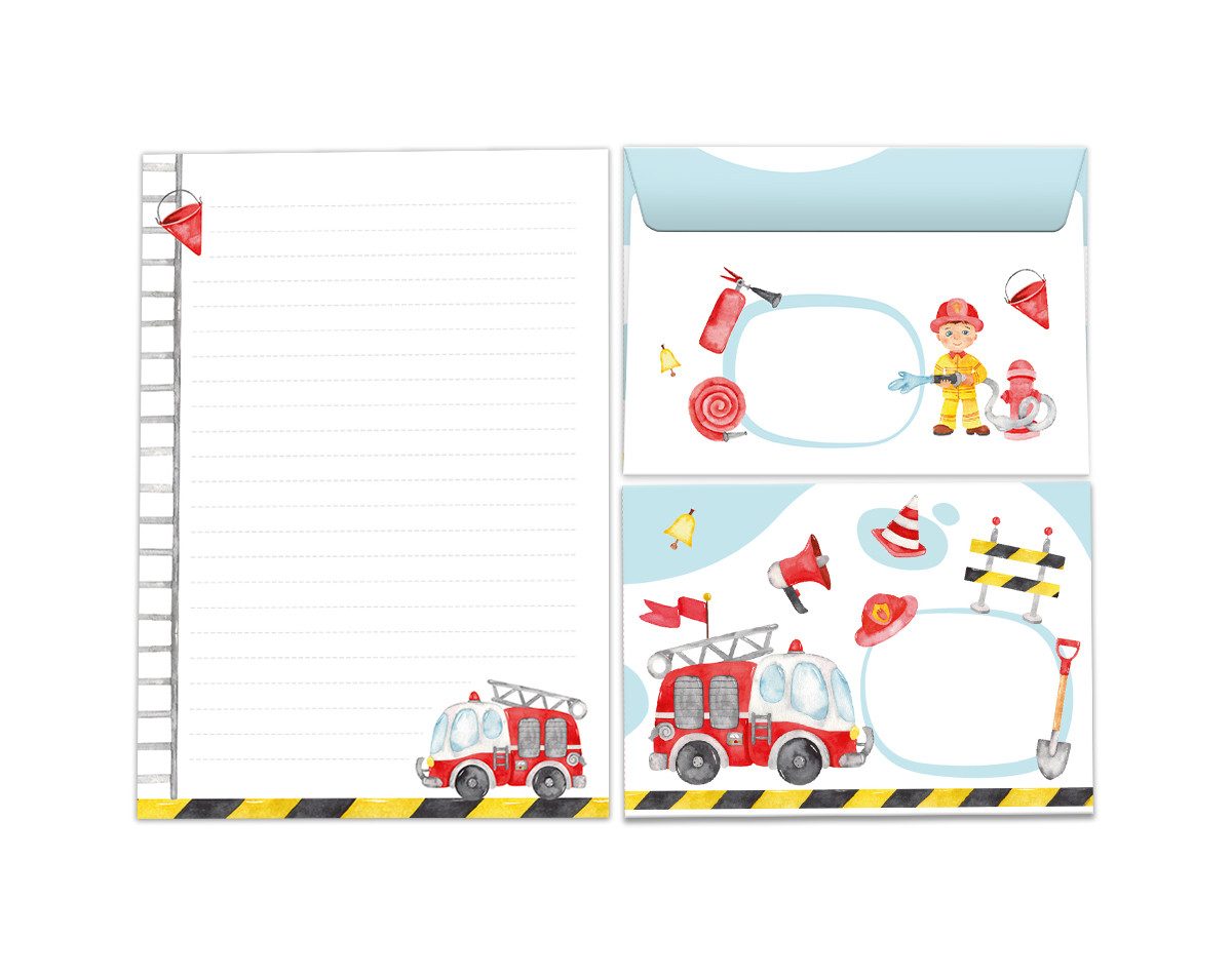 JUNAPACK Briefpapier Set Kinder Briefblock A5 mit Umschlägen Notizblock Papier Feuerwehr, Kinder-Briefpapier A5 mit 15 Umschlägen, liniert & leicht beschreibbar