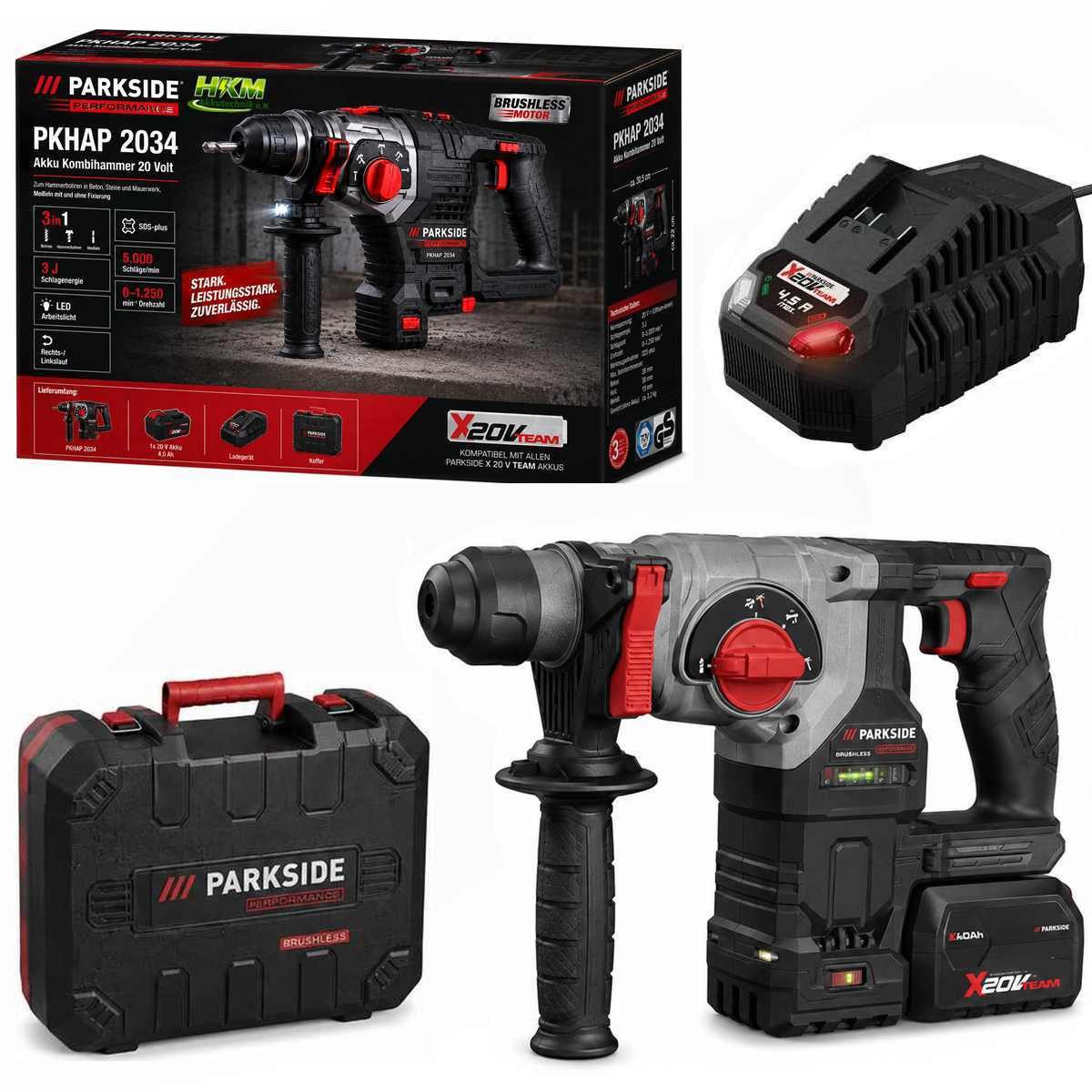 PARKSIDE PERFORMANCE® Kombihammer 20V Akku-Kombihammer PKHAP 2034-Li 3J, Akku 4.0 Ah, Ladegerät C3, 20 V