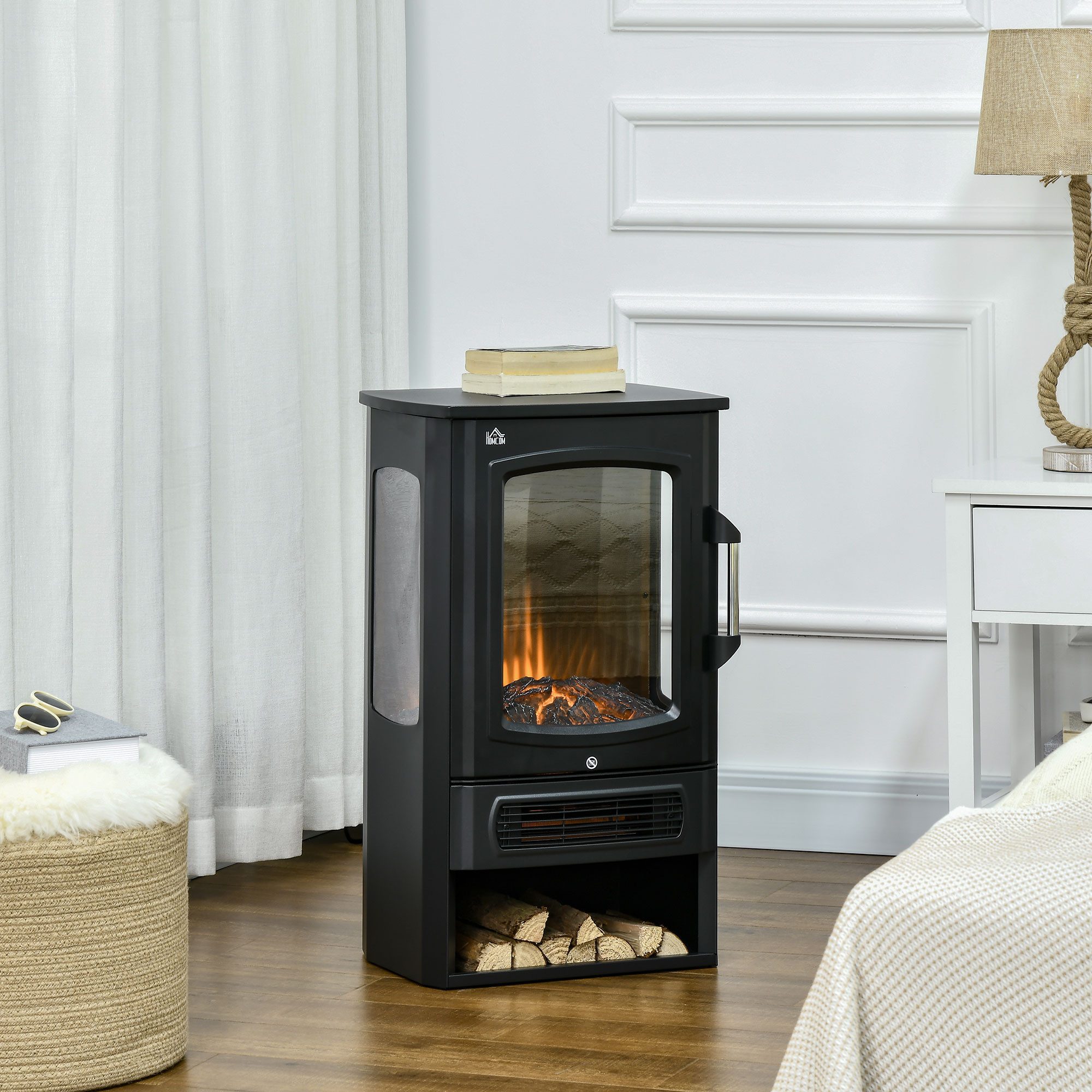 HOMCOM Elektrokamin LED Standkamin mit Flammeneffekt Innenraumheizung Stahl Schwarz, 2 Heizstufen, 1000,2000W