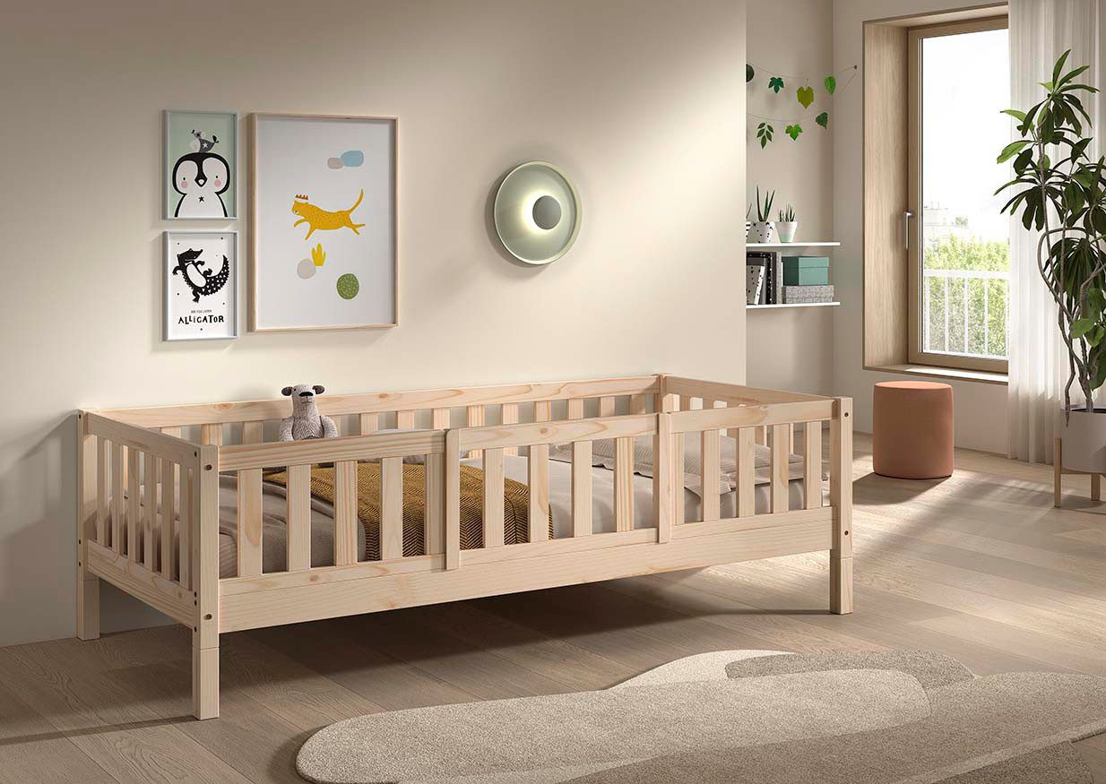 Vipack Kinderbett Dallas, massiv Bett, Rausfallschutz, umbaubar vom Boden- zum Daybett (inkl. Rolllattenrost und Sprossenumrandung, 90 oder 140x200 cm breit), stabil und standfest gebaut, wahlweise Kiefer massiv natur oder weiß