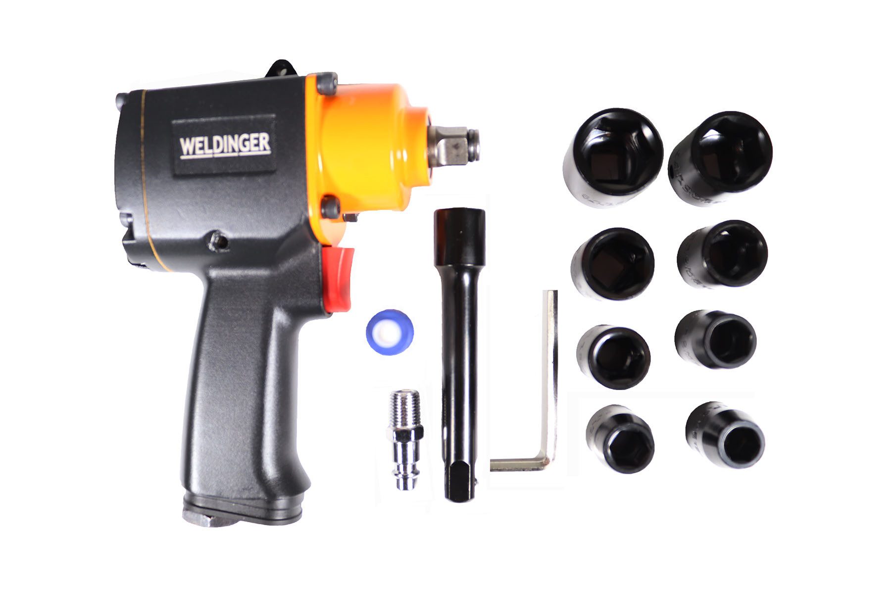 WELDINGER Spiralbohrer Druckluft Mini-Schlagschrauber 13-tlg Schlagkraft 520 Nm 220 l/min, (Set, 13-tlg., Transportkoffer), auch für Standard-Schlagnüsse