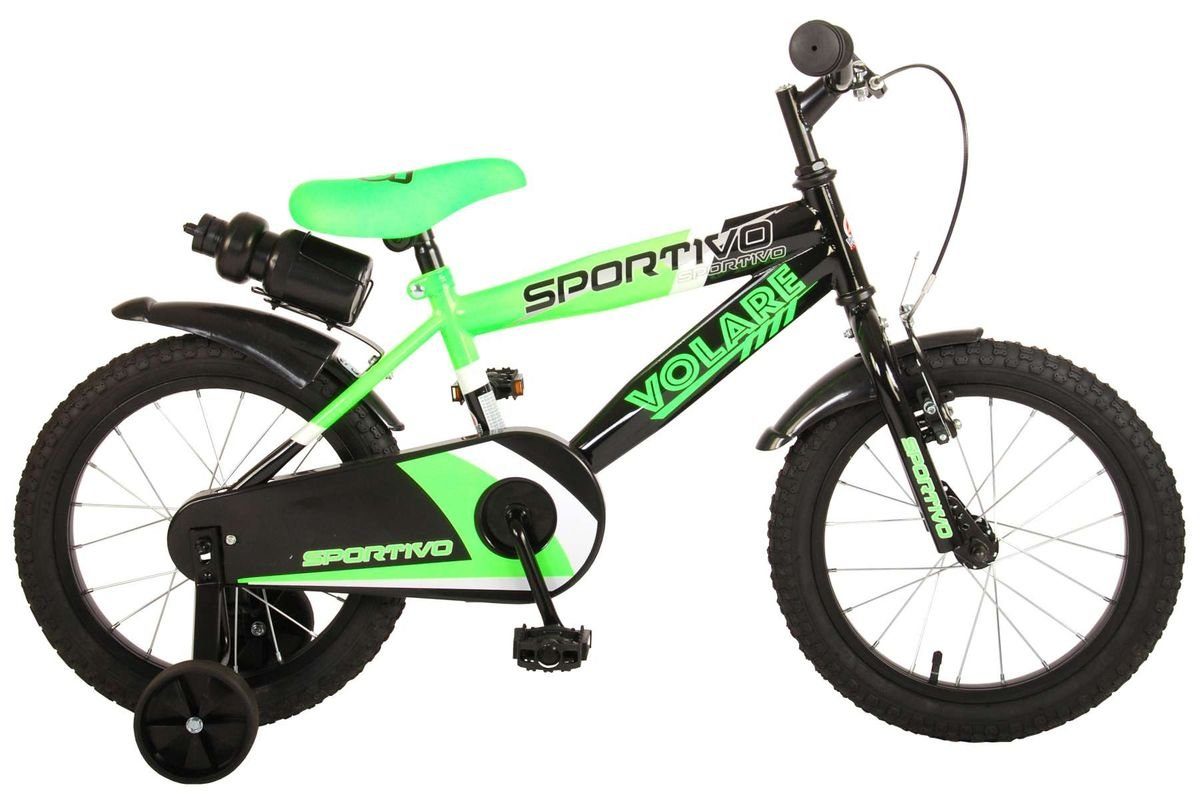 LeNoSa Volare Kinderfahrrad 16 Zoll Kinderfahrrad Kinder Bmx Fahrrad Rad Bike Sportivo Grün 2060, 1 Gang, Rücktrittbremse, Stützräder, Schutzbleche, Trinkflasche Neon Grün/ Schwarz