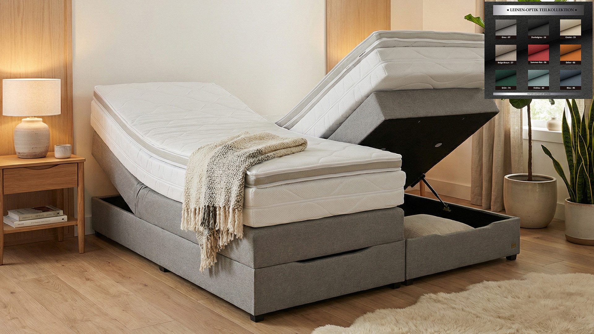 PAARA Boxspringbett ohne Kopfteil mit Bettkasten inkl. Matratze und Topper, Komplettset, mit innovativem Belüftungssystem