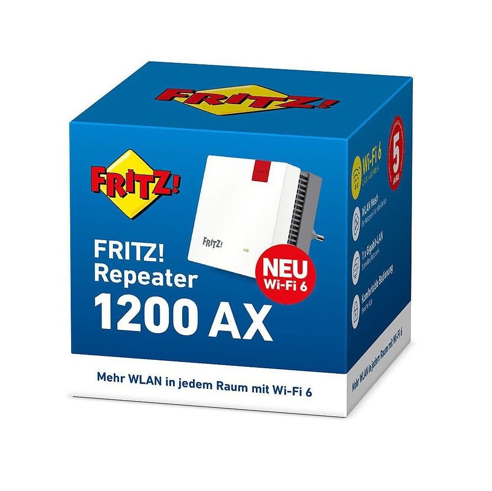 Fritz! FRITZ!Repeater 1200 AX, Wi-Fi 6, WLAN Erweiterung Signal WLAN-Repeater, WLAN Mesh-Technologie, WPA3-Verschlüsselung