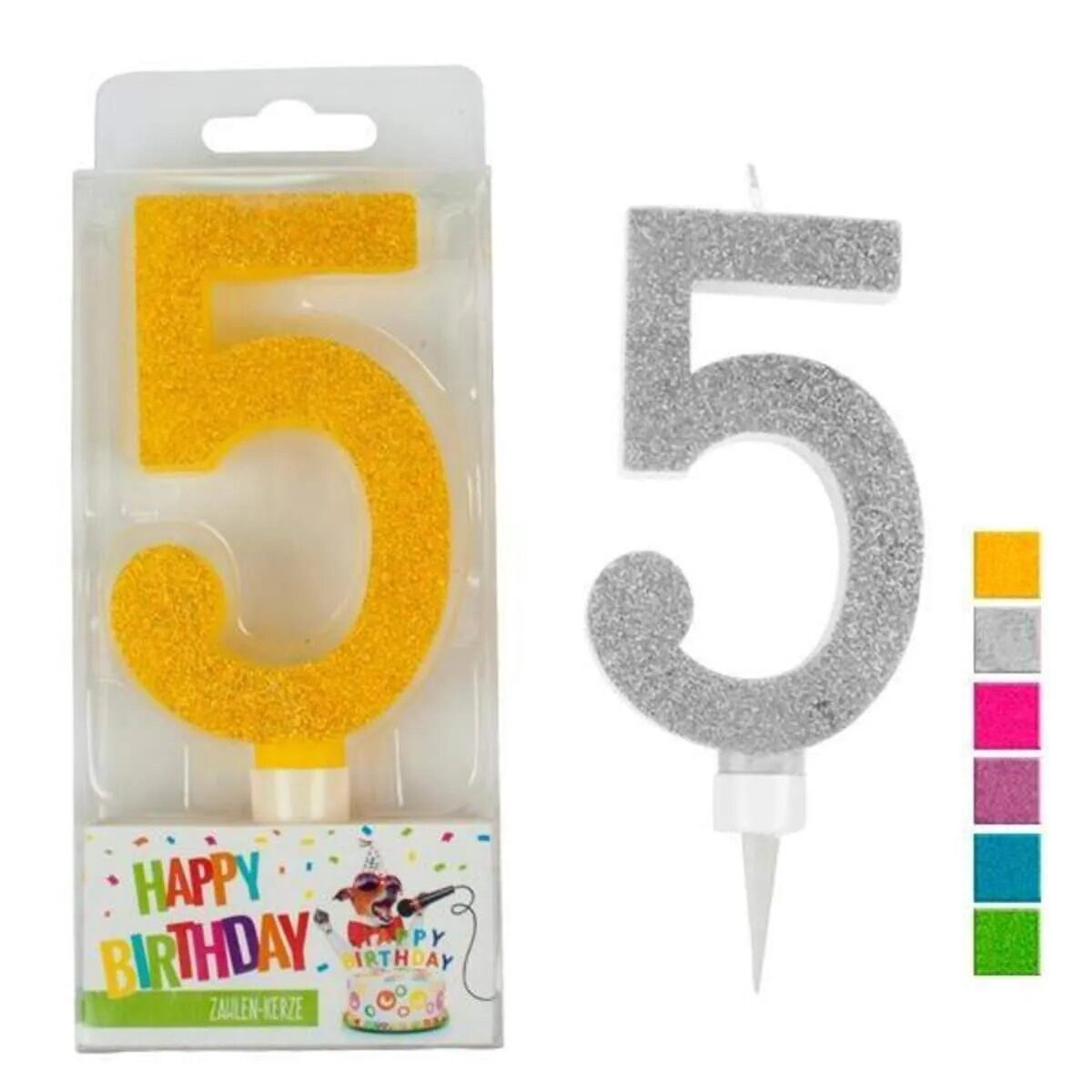 Trendhaus Geburtstagskerze Trendhaus Birthday Fun Zahlenkerze 5 Glitzer Maxi, 1 Stück, 7-fach sor