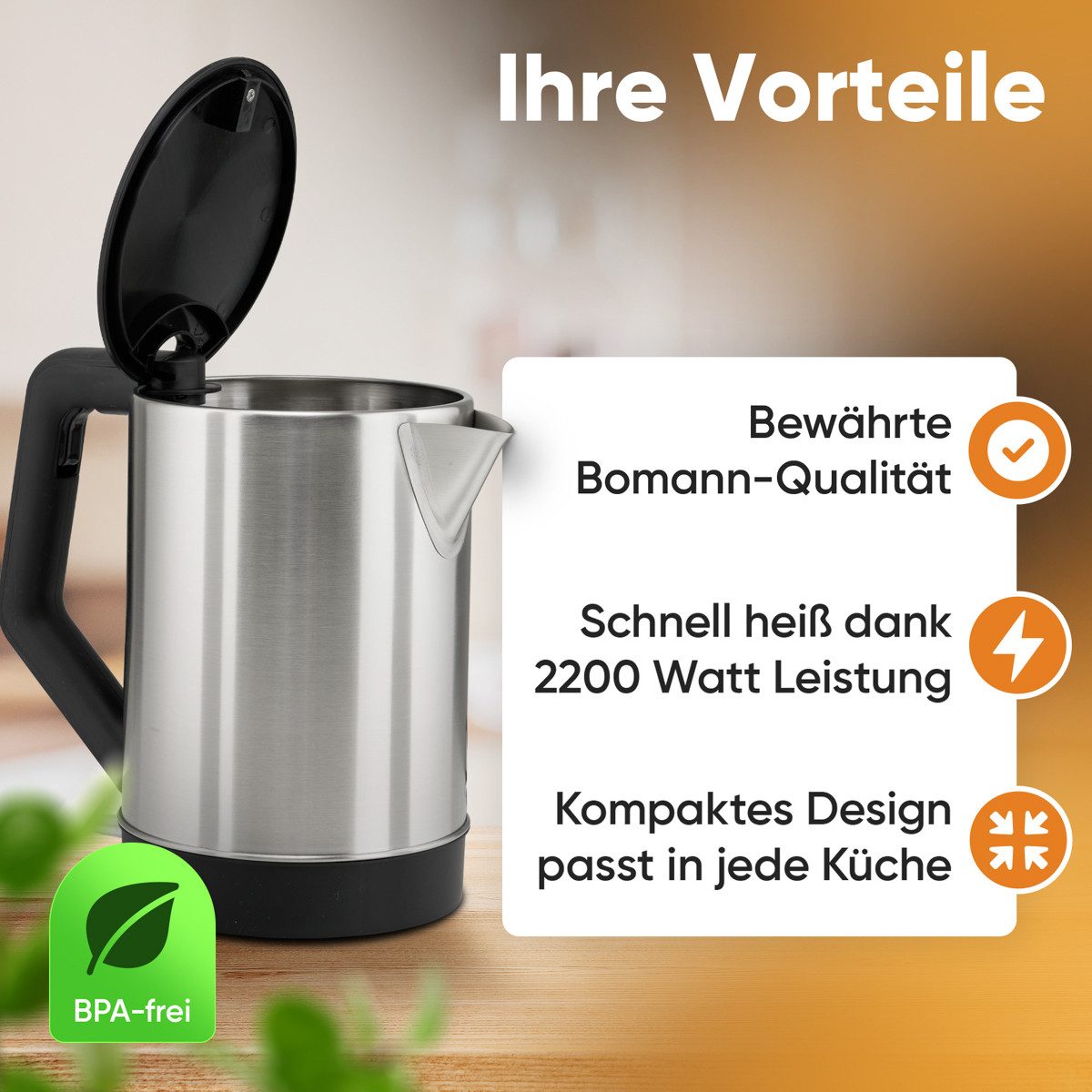 BOMANN Wasserkocher WKS 3002 CB, Wasserkocher Edelstahl, 1,5 Liter, BPA frei