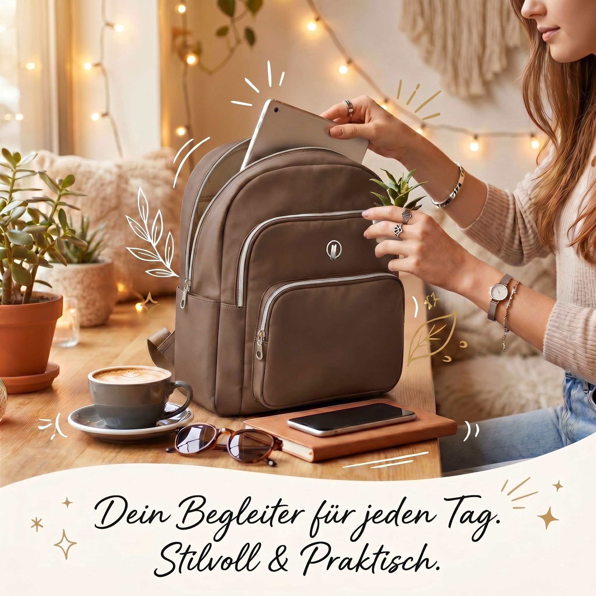HELLSER Cityrucksack Damen klein – stylischer Damen Rucksack 34x27x15cm wasserabweisend, für Freizeit, Uni, Schule, Büro - Koffergurt & versteckte Tasche