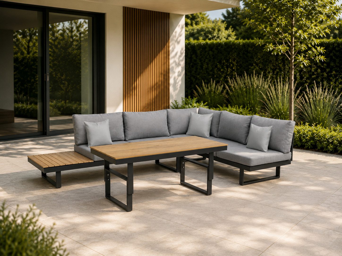 Greemotion Gartenlounge-Set San Jose, Loungemöbel Outdoor, Alu-Teak, Esstisch & Liegefunktion, (inkl. Auflagen), Farbe Schwarz/Grau