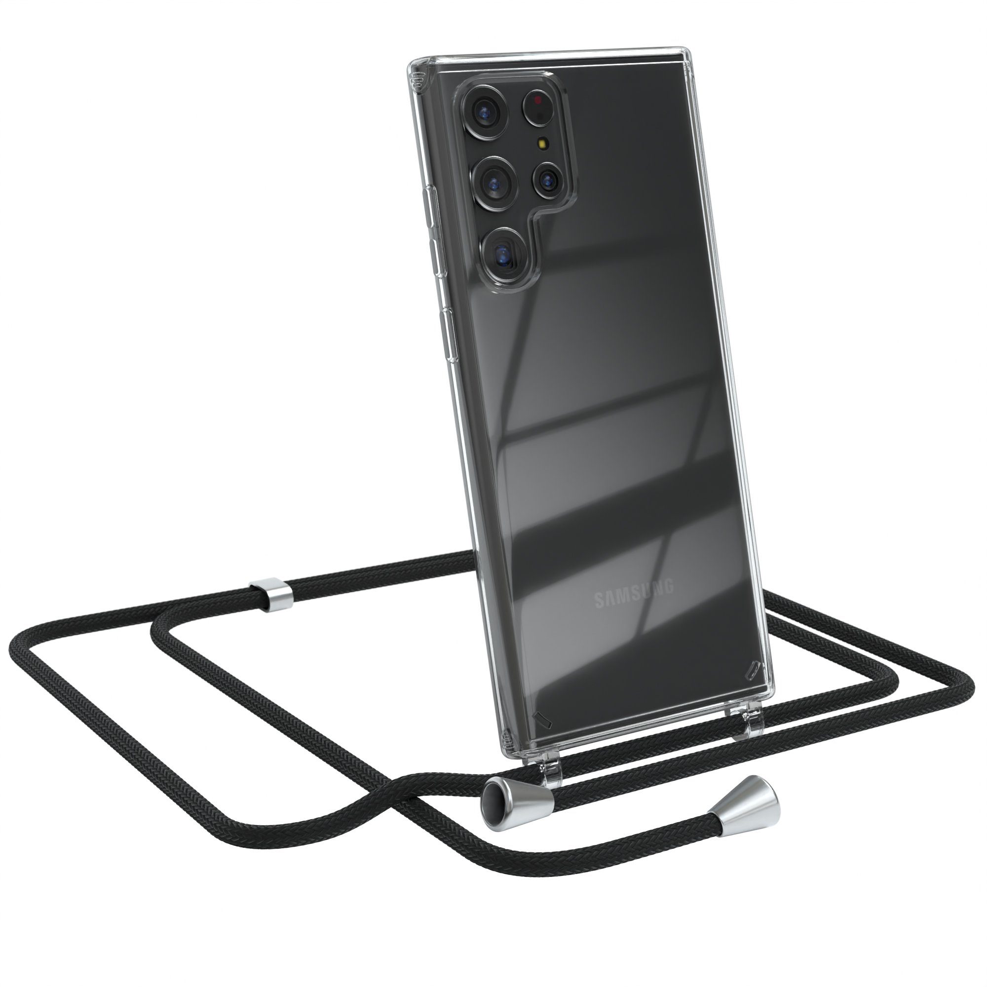 EAZY CASE Handykette Hülle mit Kette für Samsung Galaxy S22 Ultra 5G 6,8 Zoll, Handykette Hülle mit Band Slimcover Schutzhülle Schwarz Clips Silber