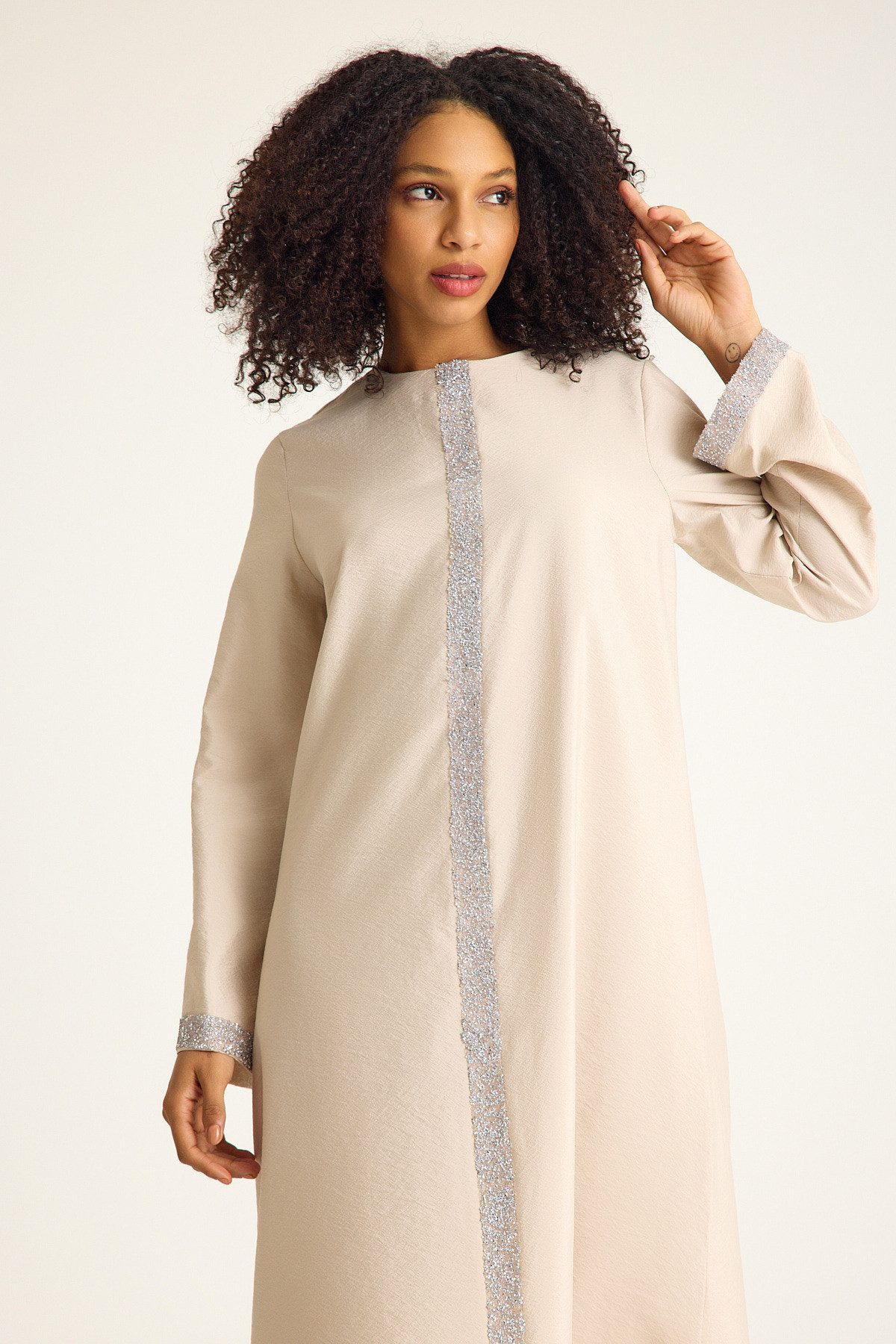 fashionshowcase Tunikakleid Damen Abaya mit Glitzerdetails in Leinenoptik günstig online kaufen