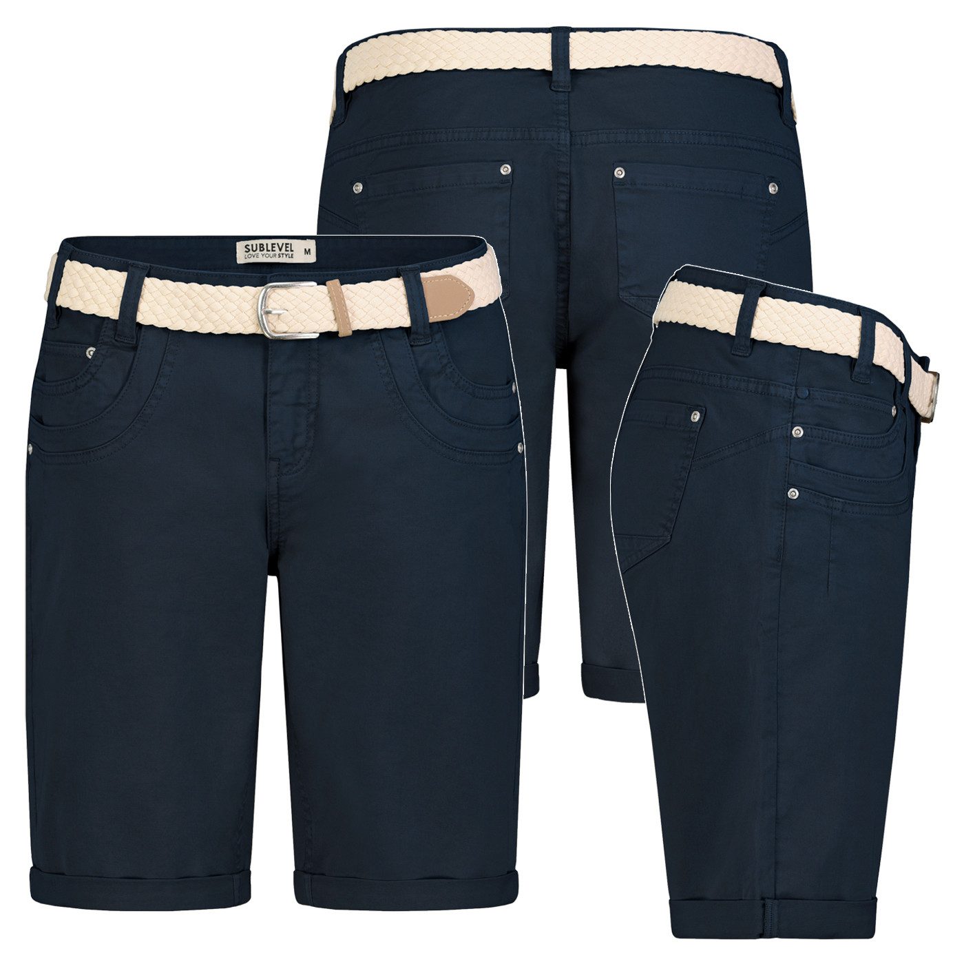 SUBLEVEL Bermudas Damen Short Bermuda kurze Hose Sommer Chino Short Stoff Hose Gürtel