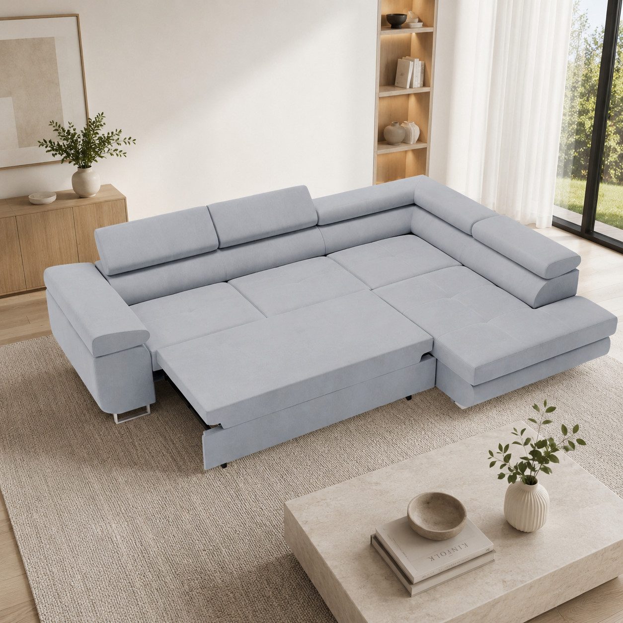 Goldstoff Ecksofa mit Schlaffunktion & Bettkasten - hochwertiges Sofa, Couch mit Schlaffunktion für Wohnzimmer - Schlafsofa - Eckcouch, Eckcouch mit praktischem Bettkasten in grau