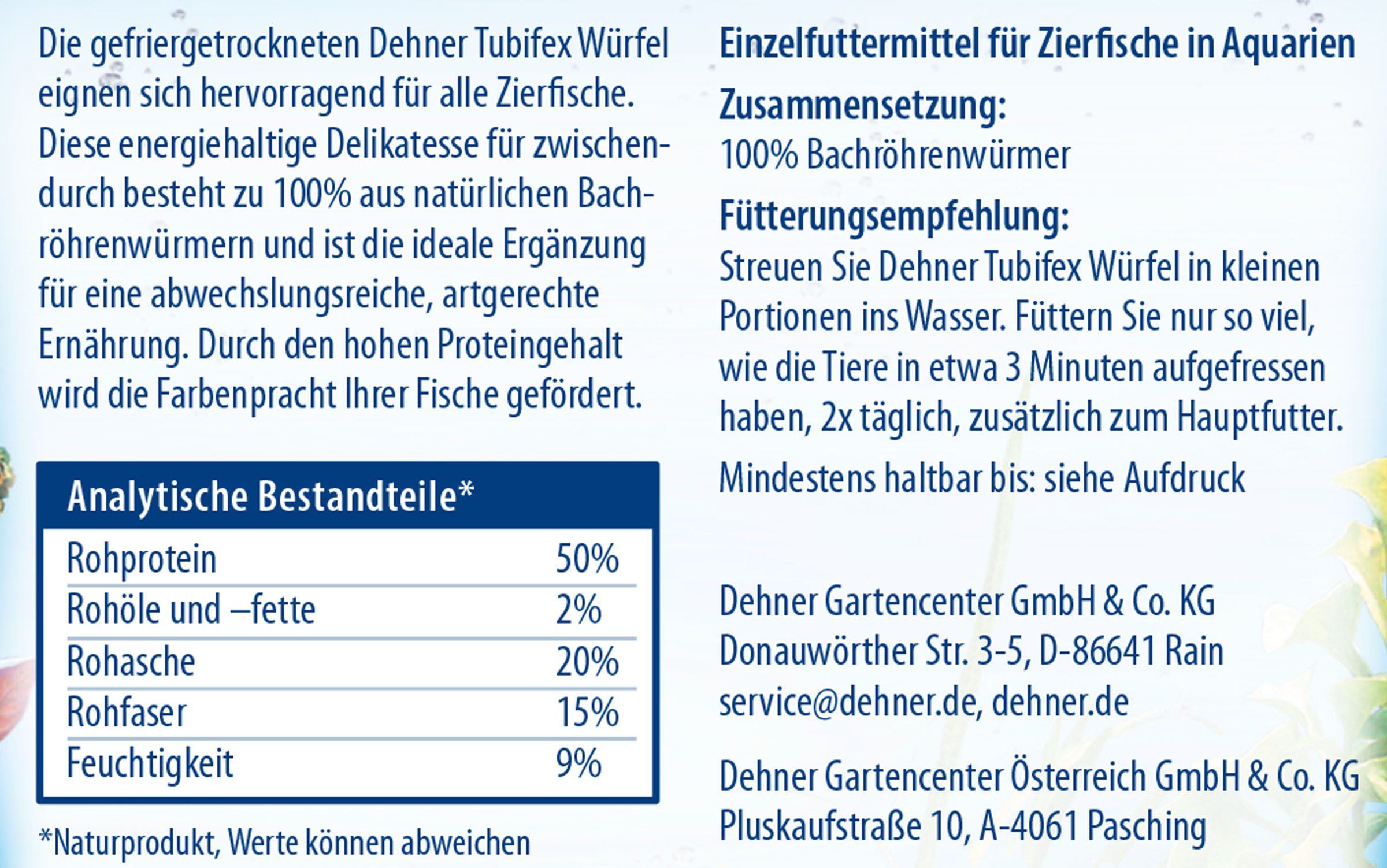 Dehner Tubifex Würfel, Zierfischfutter mit Bachröhrenwürmern, 20 g, Snack für: Zierfische, hoher Proteingehalt fördert die Farbenpracht der Fische