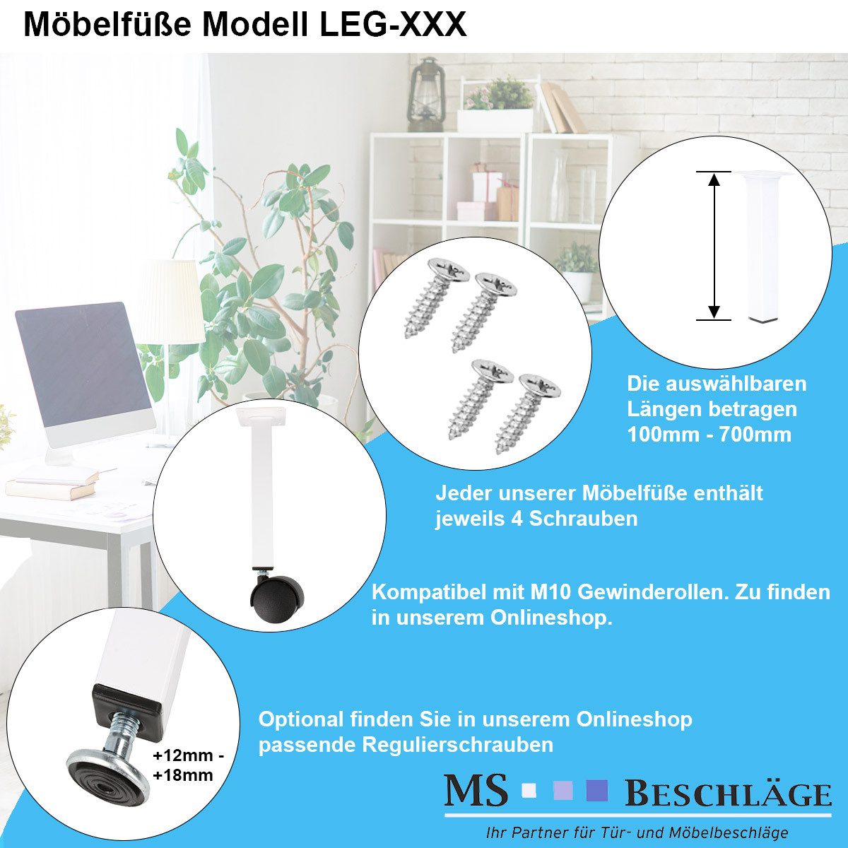 MS Beschläge Möbelfuß Weiß eckig 25x25mm Möbelbein Sofafuss Tischstempel