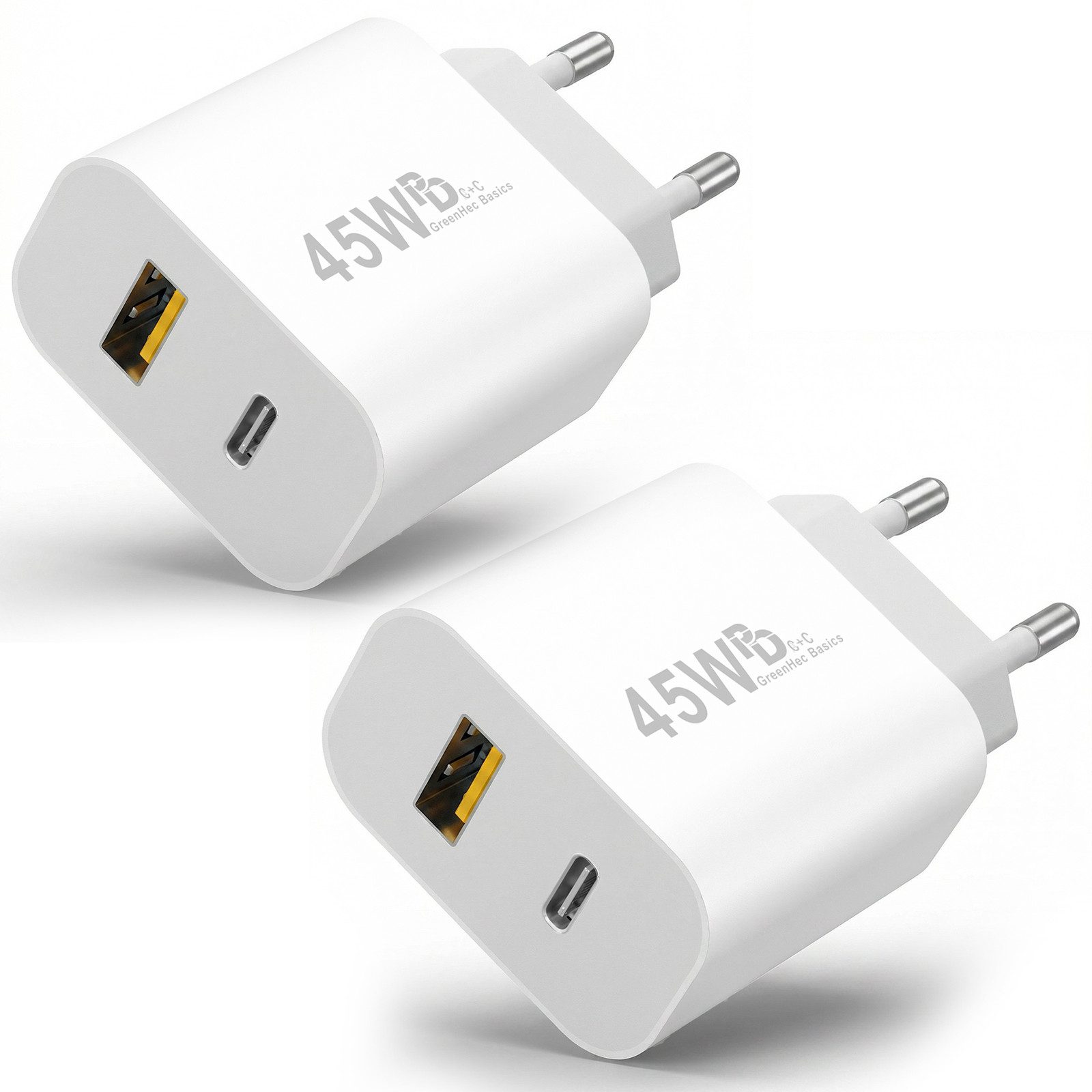 GreenHec 45w Schnellladegerät USB C Charger für Samsung S25 S24 S23 iPhone Schnelllade-Gerät (Spar-Set, 45w USB-C + USB-A Dual Charger (2er Pack), Netzteil Stecker Adapter Tablet Handy Google Dual Doppel Ladegerät)