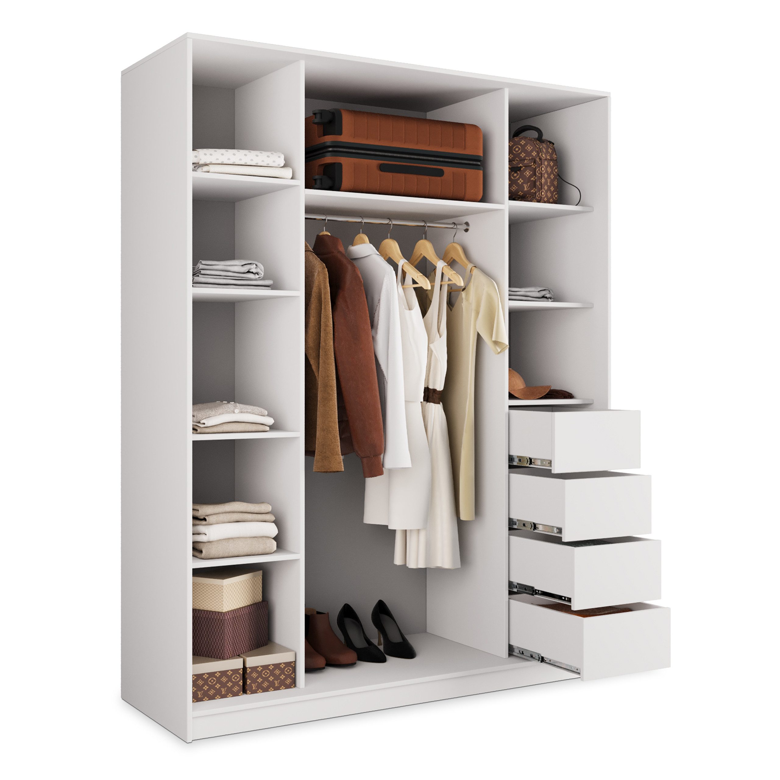 Masseno Schwebetürenschrank PINA 160 cm Kleiderschrank mit Spiegel 3 Türen und 4 Schubladen Weiß