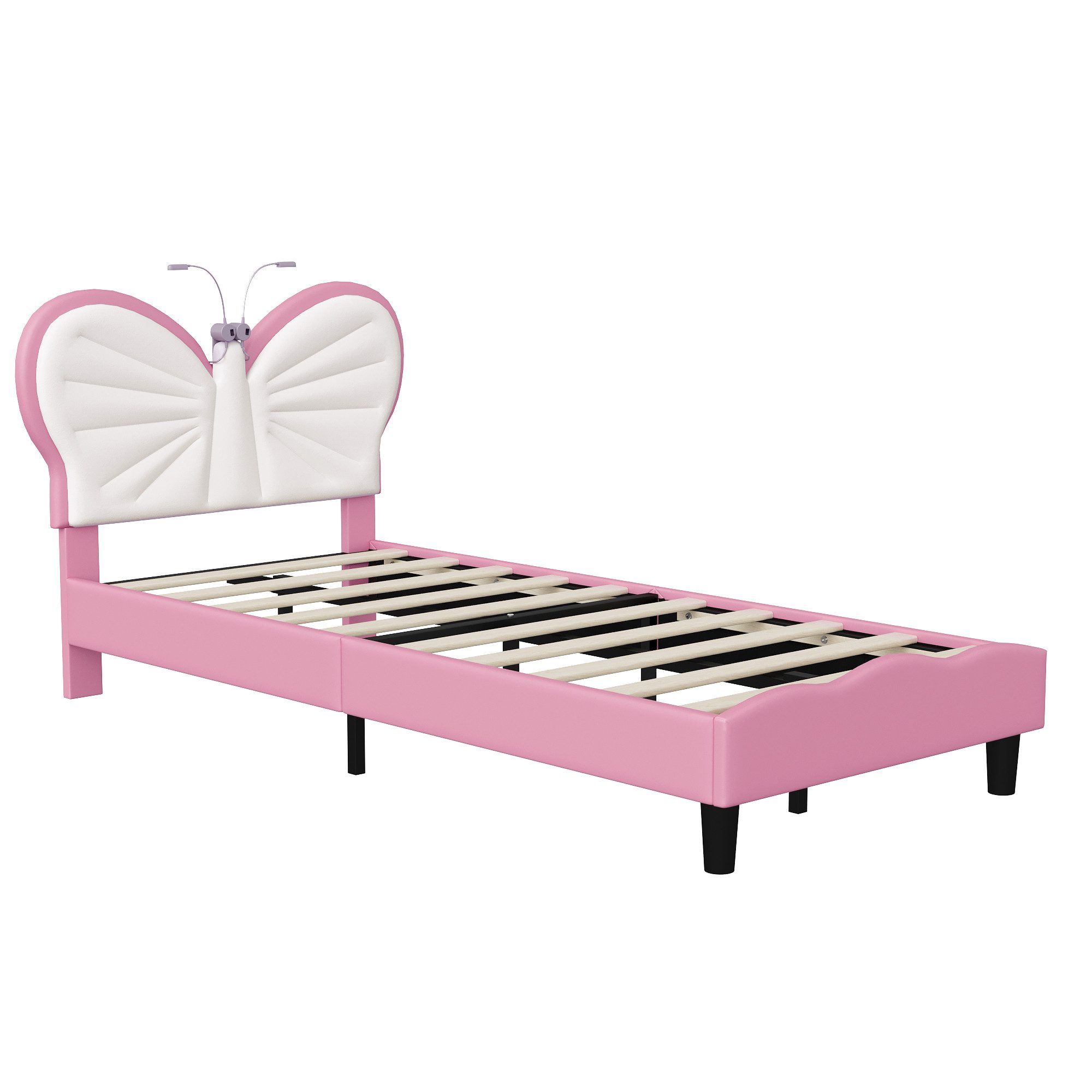 PXloue Polsterbett Kinderbett Jugendbett (Kopfteil hochstellbar), Schmetterlingsförmiges Kopfteil,mit LED und Lattenrost,90x200cm