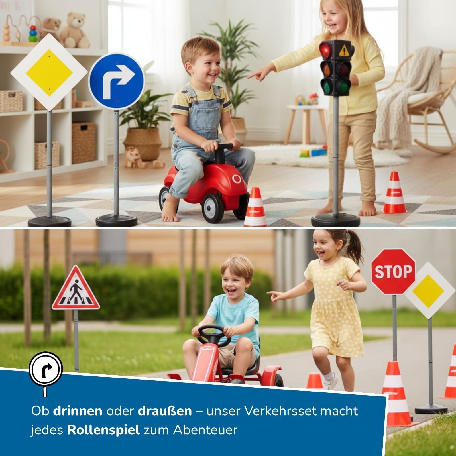 alldoro Spiel-Verkehrszeichen XXL Verkehrsset + Polizei Rollenspielset für Kinder ab 3 Jahre, Polizei Verkleidung mit Accessoires + Ampel, 10 Schilder & 4 Pylonen