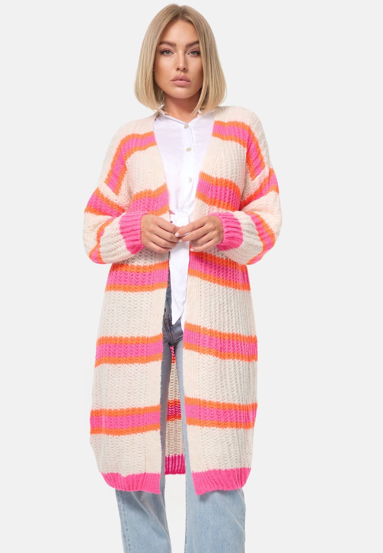 Rayshyne Longstrickjacke langer Cardigan mit Blockstreifen für Damen (Gestreift Bunte Kuschelige Damen Strickjacke Cardigan PM02) bunt gestreift