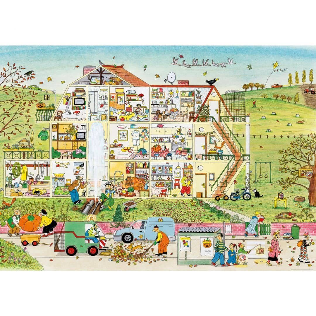 Wimmelbuch Verlag Fototapete XXL Kinderzimmer große Tapete Wimmel Familie zu Hause Garten im Herbst, Mehrfamilienhaus Vliestapete