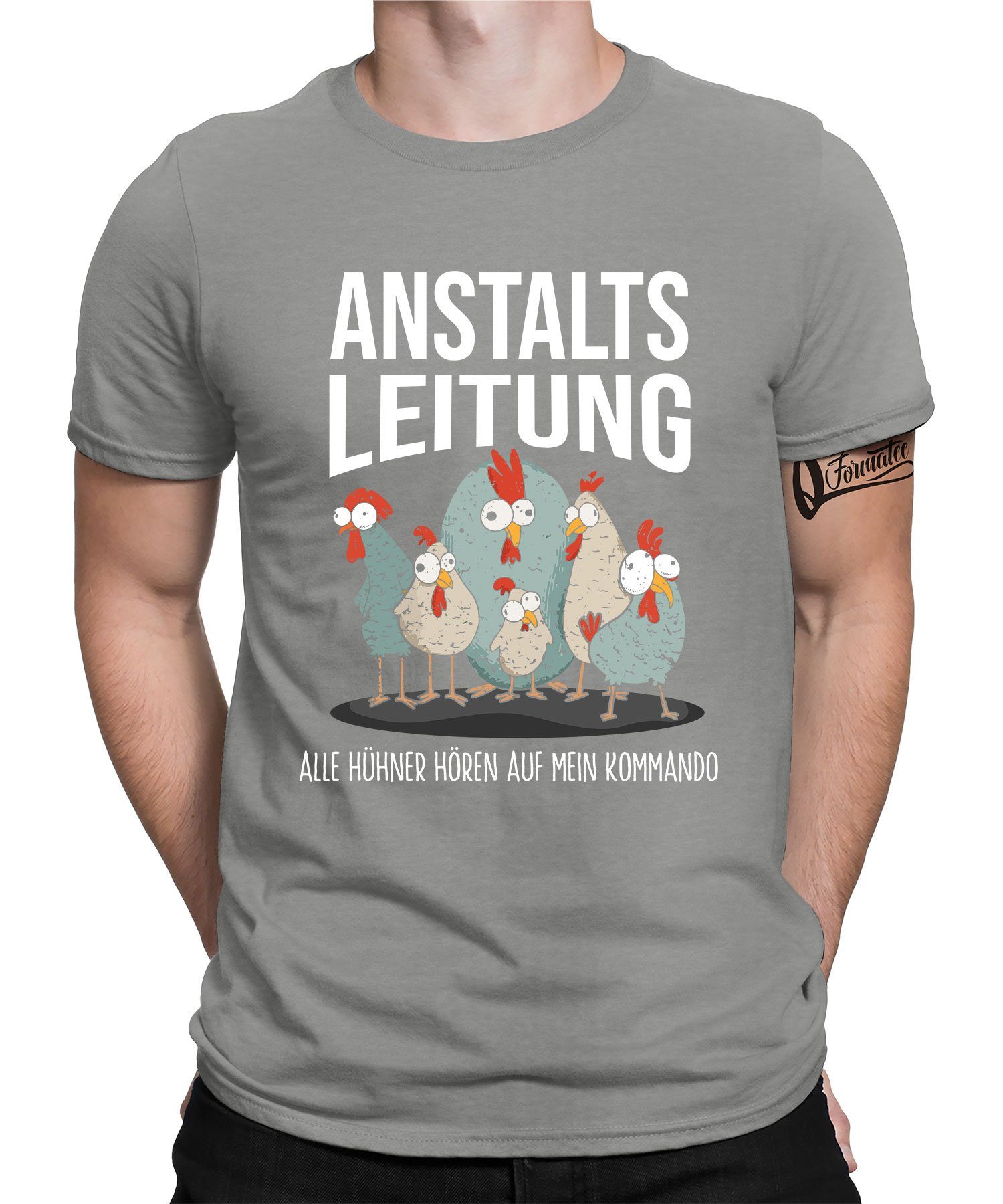 Quattro Formatee Kurzarmshirt Anstalts - Hahn (1-tlg) T-Shirt Chicken Leitung Herren Grau Bauern Hühner Heather Huhn