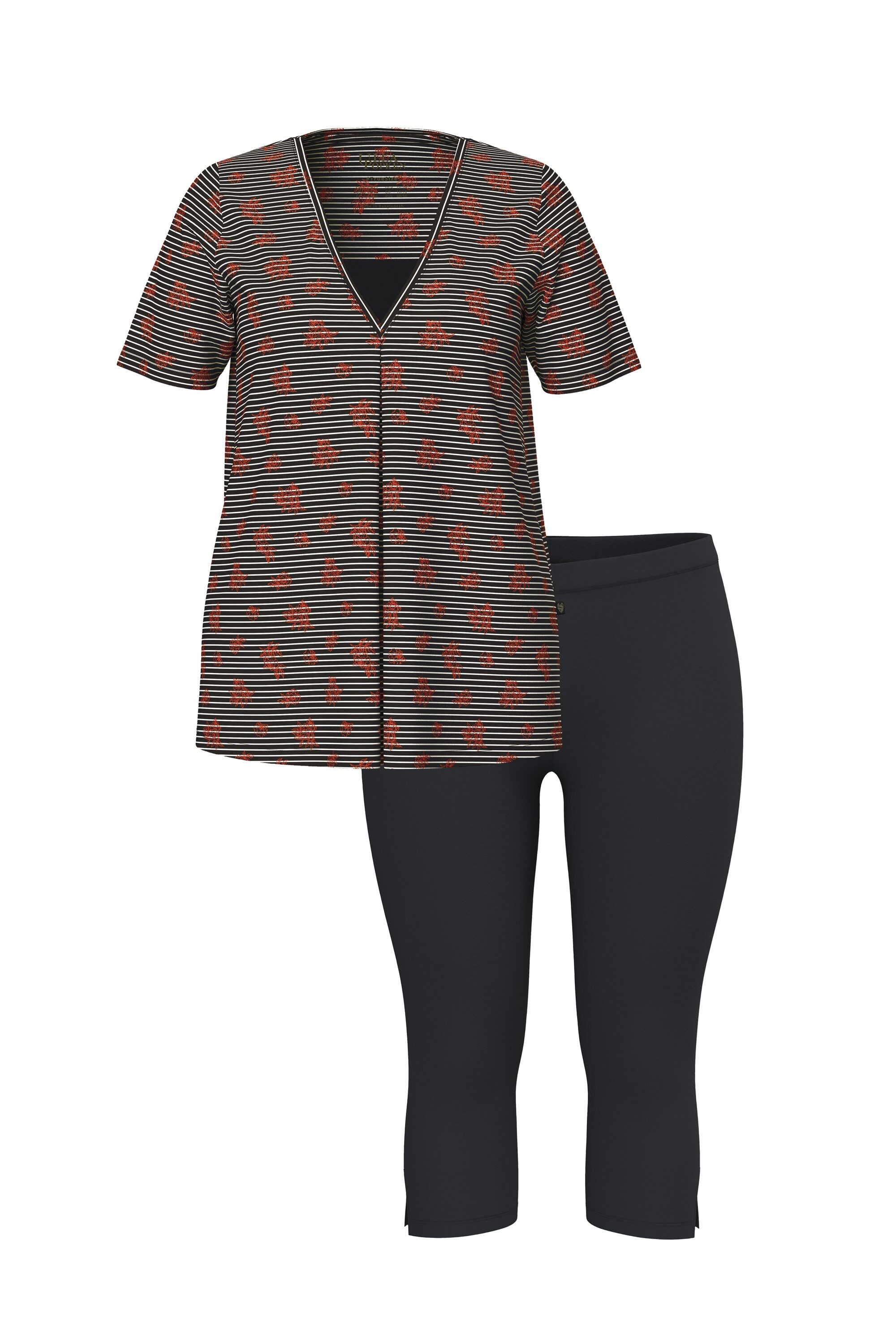 Ulla Popken Pyjama Pyjama V-Ausschnitt Halbarm Caprihose