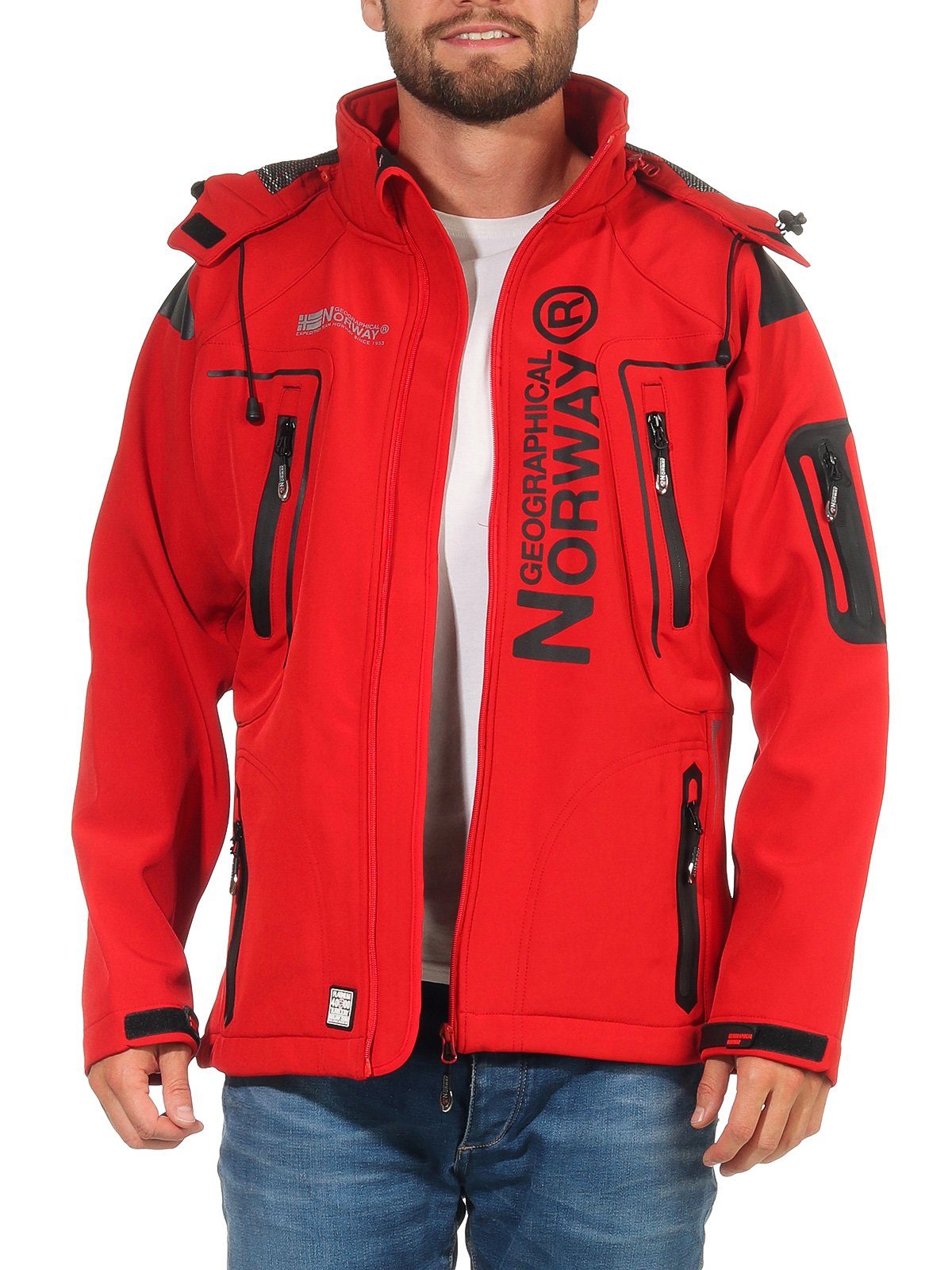 Geographical Norway Softshelljacke Herren Softshell Wander Sport Übergangsjacke Trekking Jacke in Unifarbe, mit abnehmbarer Kapuze, mit Stehkragen