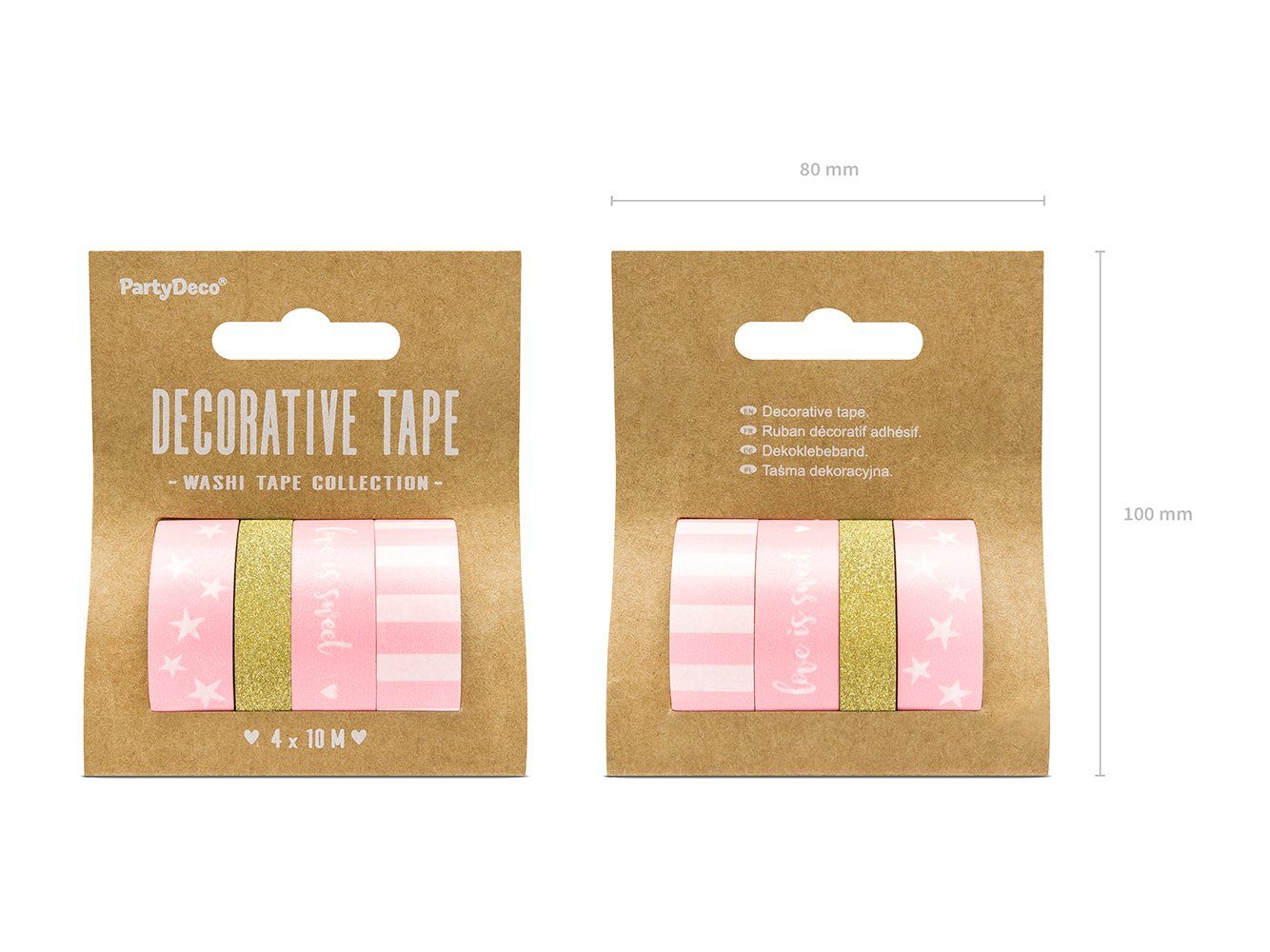 partydeco Klebeband Washi Tape 10-15mm x 10m Sternen Streifen Glitzer rosa gold 4er Set