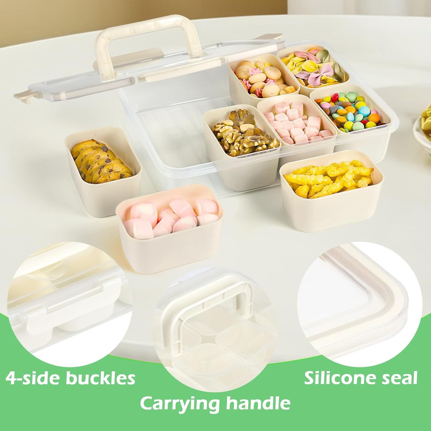 Refined Living Frischhaltedose Snackbox mit 8 Fächern, Servierplatte, Snackschale mit Deckel & Griff, Lebensmittelechtes PP, (Tragbarer Snack Organizer, Snackdose mit Deckel, Vorratsdose mit Fächern, Aufbewahrungsbox Snacks, Obstbox Kinder, Bento Box Organizer, Picknick Snackbox, Party Snacktablett, Picknick-Box, Lebensmittelechtes Premium-Material, Kühlschrank-Organizer, Geschenkbox, 1-tlg., 8 herausnehmbare Fächer, Tragbar & auslaufsicher, BPA-frei), für Snacks, Obst, Nüsse, Süßigkeiten, Dips, Gewürze, Schmuck, Werkzeug