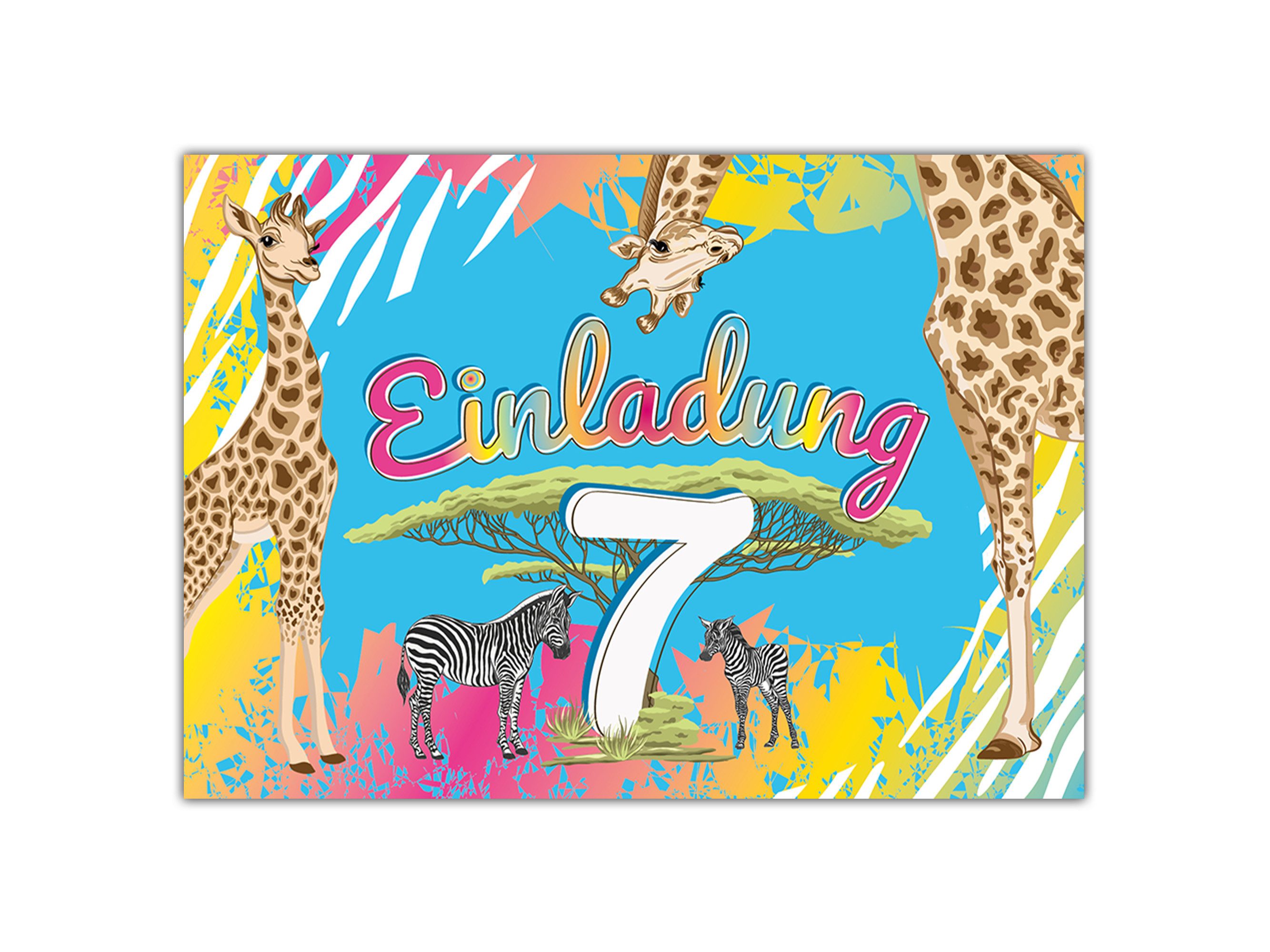 LIMONIA Einladungskarten Safari Einladungen zum 7. Kindergeburtstag Karten Mädchen Sahara, Einladungskarten mit einem Zebra Giraffe zum siebten Geburtstag