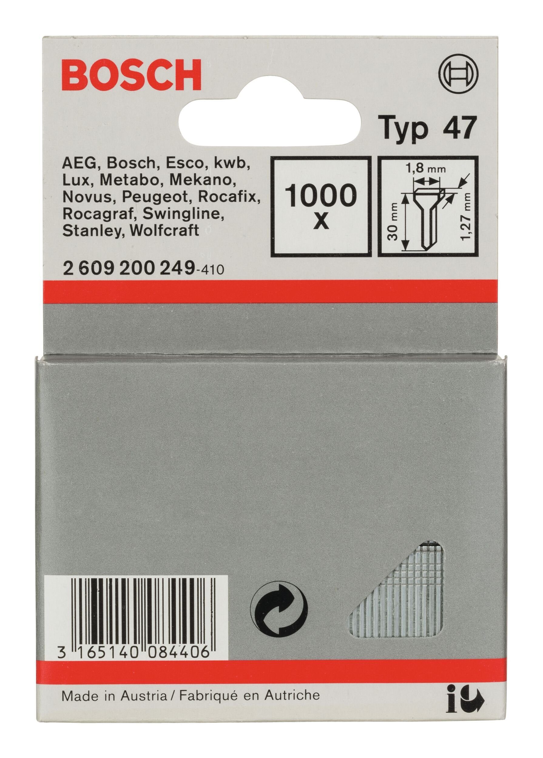 Bosch Accessories BOSCH Tackerklammer, Typ 47 Tackernagel - 1,27 x 30 x 1,8 mm - 1000er-Pack