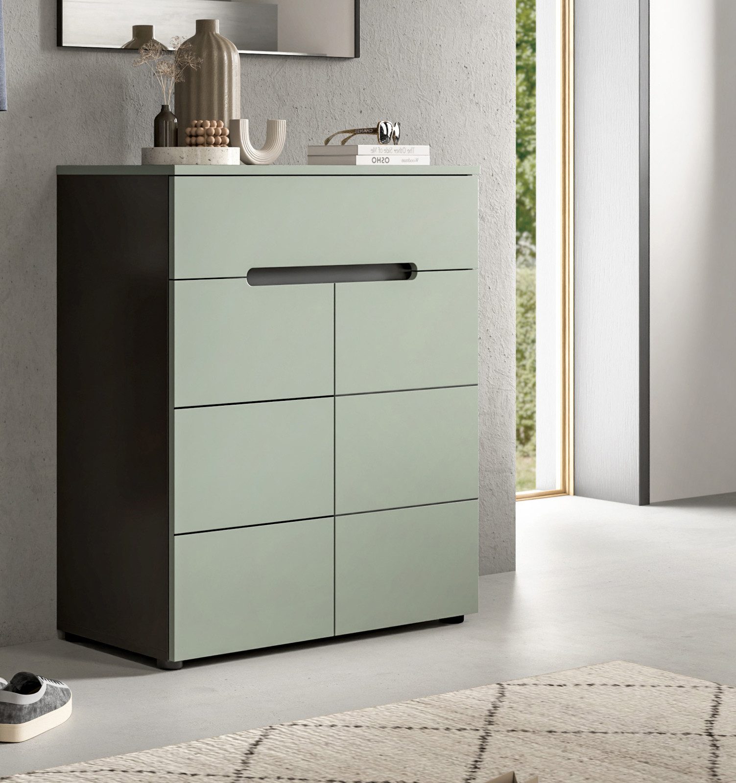 Inn.Furn Schuhkommode Cooper (Flur Kommode in dunklem Salbei Grün mit Basalt Grau, 80 x 94 cm), Vollauszug Schubkasten und Soft-Close-Funktion