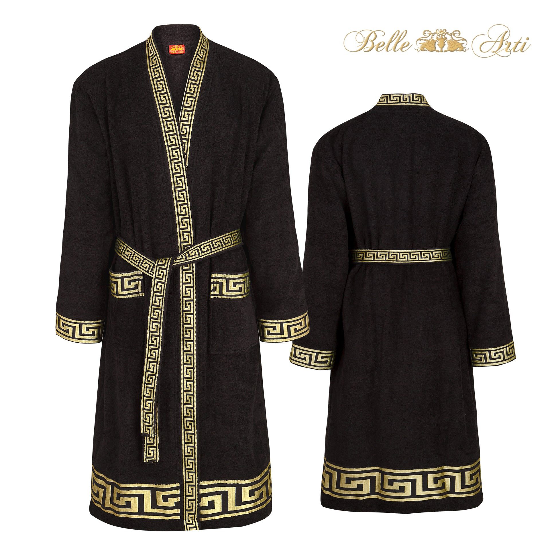 Belle Arti Bademantel Bademantel Damen Herren Mäander schwarz weiss gold - 100% Baumwolle, Kimono-Kragen, Gürtel, Kimono, Lockerer Schnitt, Gold, pflegeleicht, Passform, Unisex