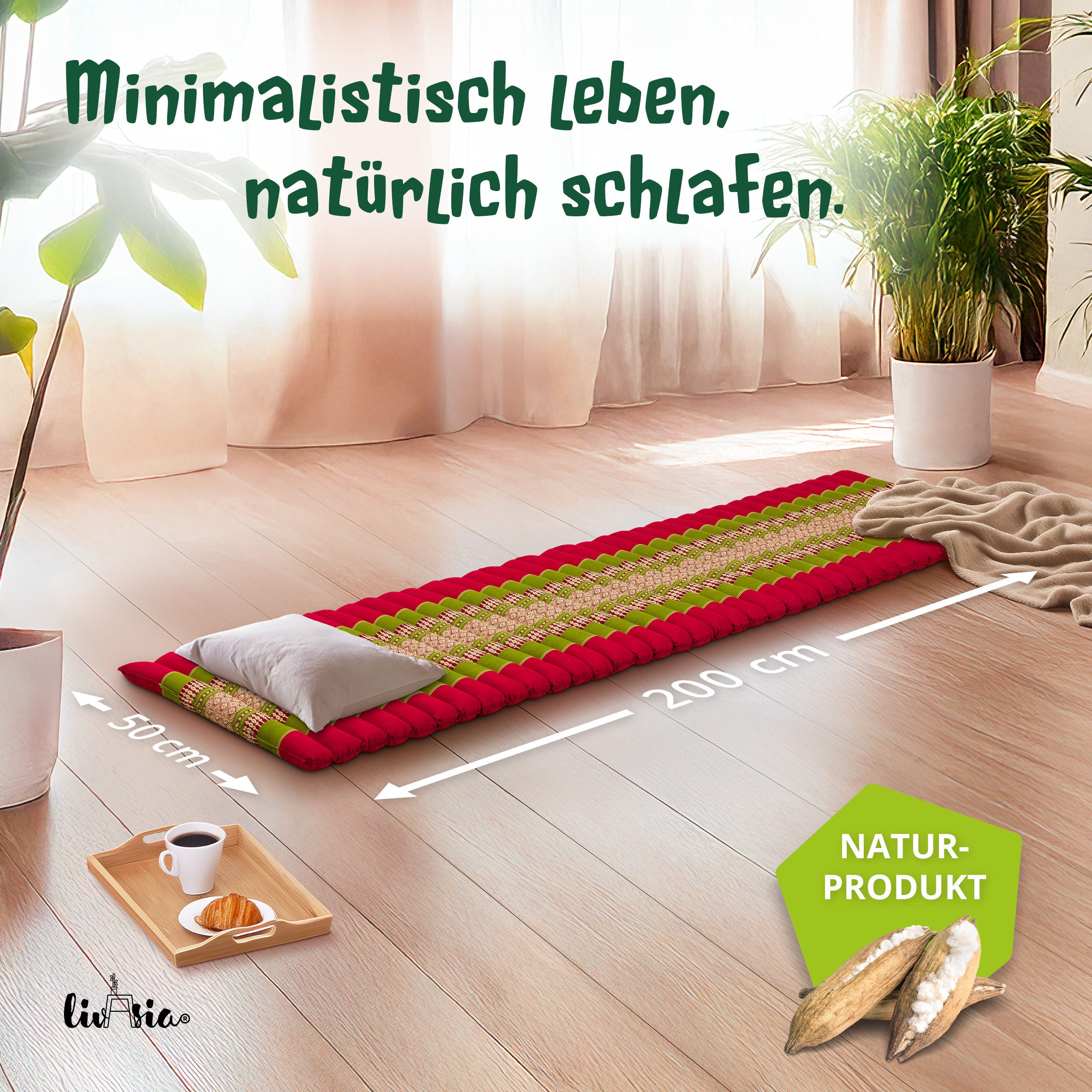 Reisebett-Matratzen Rollmatte 50 cm breit, vegan und handgefertigt, 210x50x4,5cm, livasia, 4,50 cm hoch, Kapok