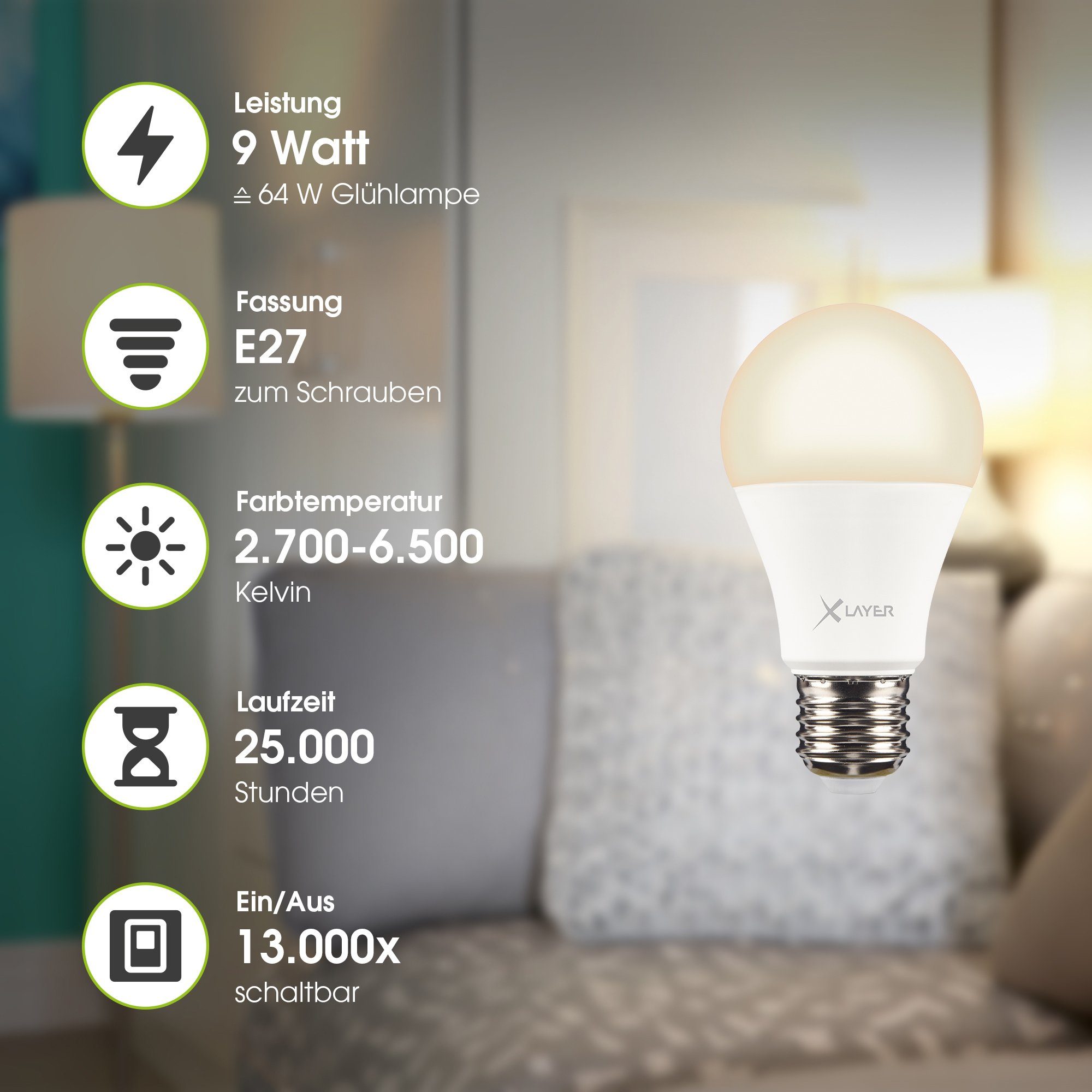 XLAYER Smarte LED-Leuchte WLAN LED Lampe Smart Echo E27 9W Warm- und Kaltweiß, Dimmbar