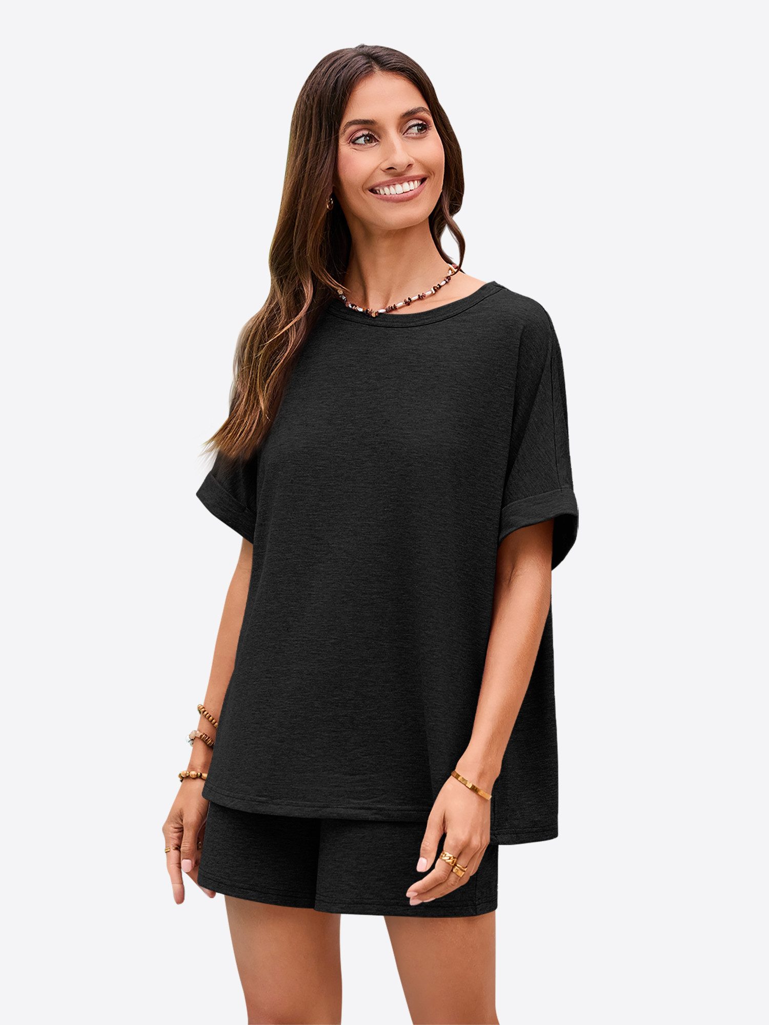 Imily Bela Hausanzug Damen 2-teilige Lounge-Sets (Set, 2 tlg., Oversized Kurzarm-T-Shirts + Shorts mit Kordelzug) einfarbig