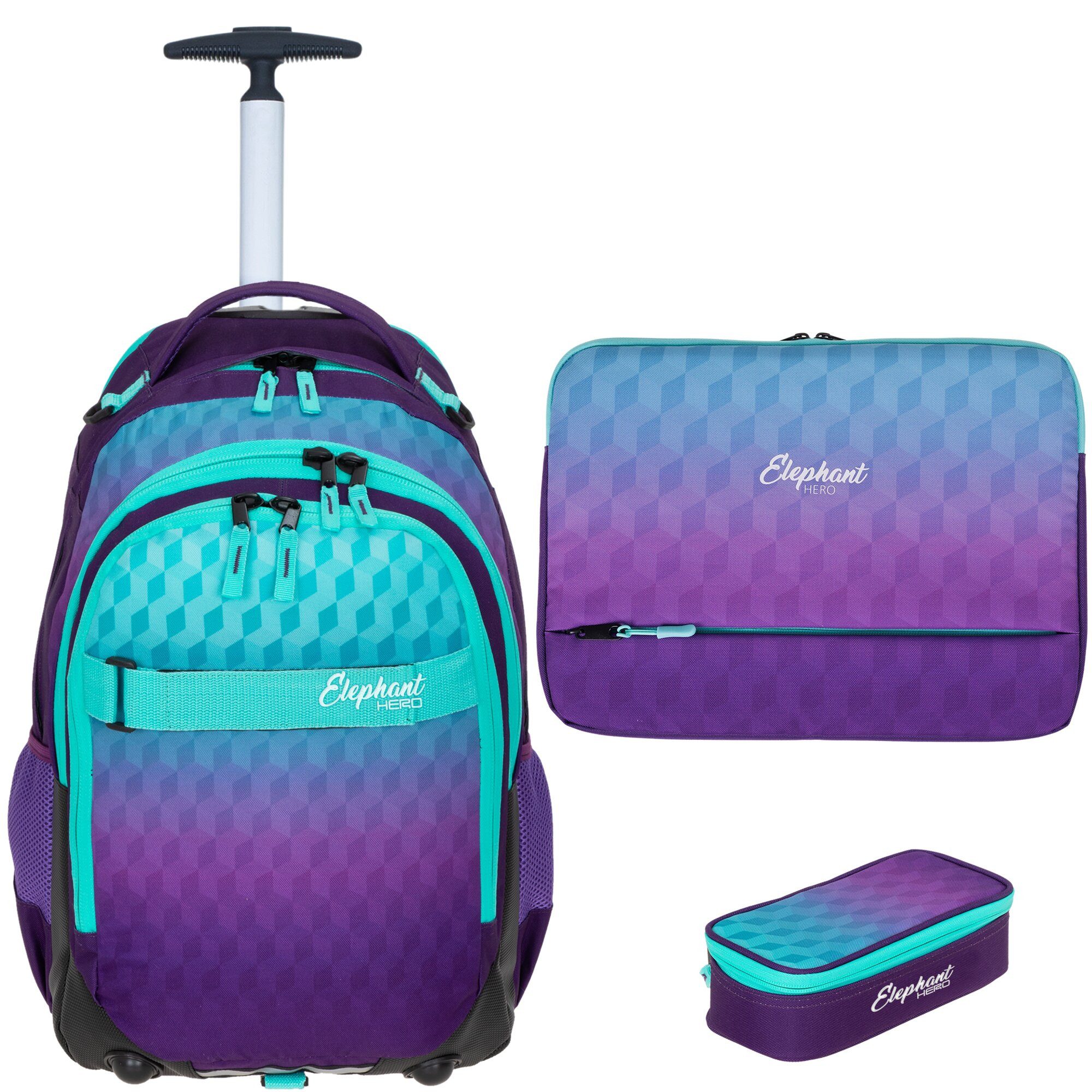 ELEPHANT Schulrucksack Trolley Schultrolley Trolly Rucksack Laptoptrolley Schule Kinder (3 Teile Set, Rucksacktrolley + Federmäppchen + Laptophülle), Schultasche Räder Trolleyrucksack mit Laptop Sleeve Mäppchen Box +tml
