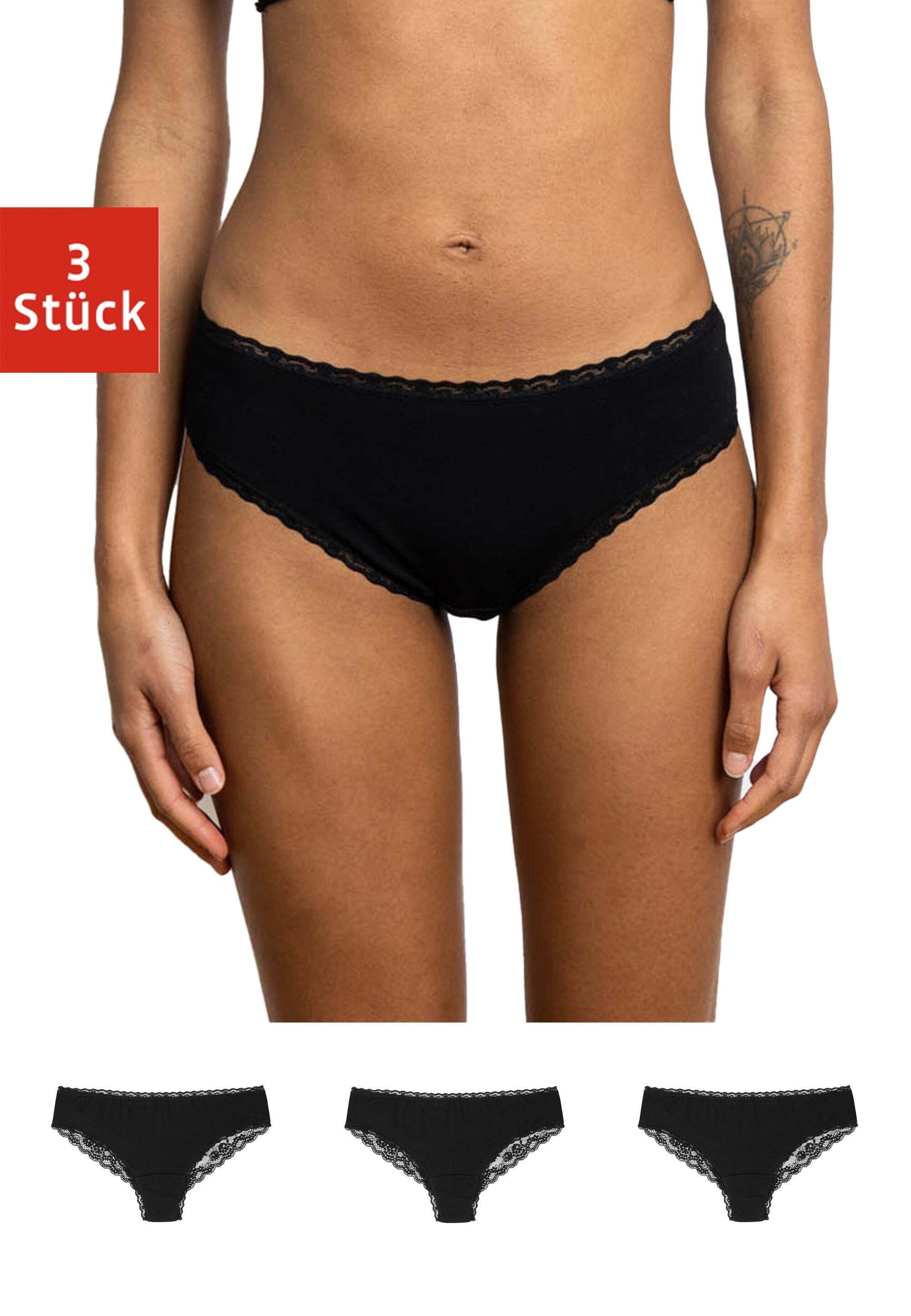 Slip Bio-Baumwolle Schwarz Spitze, und bequem Unterhosen elegant aus Unterwäsche SNOCKS Brazilian (3-St) Brasilslip Damen mit