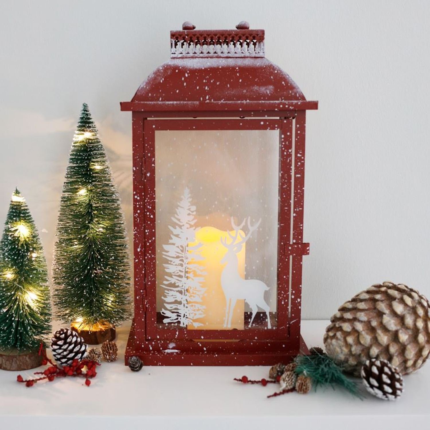 BURI Stumpenkerze Weihnachtslaterne rot 46cm Weihnachtsdeko Fensterdeko  Winterdeko Metall-Laterne