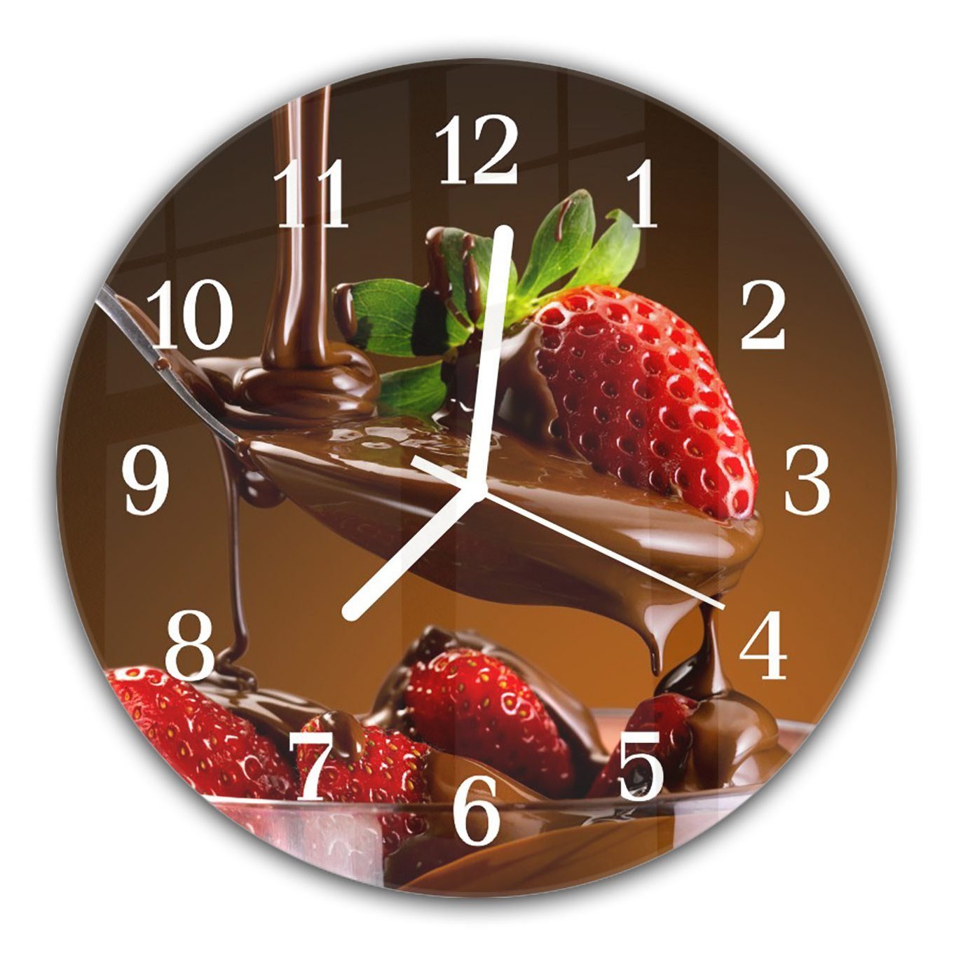 Primedeco Wanduhr Wanduhr aus Glas mit Motiv Erdbeer und Schokolade - Rund mit Durchmesser 30 cm und Quarzuhrwerk